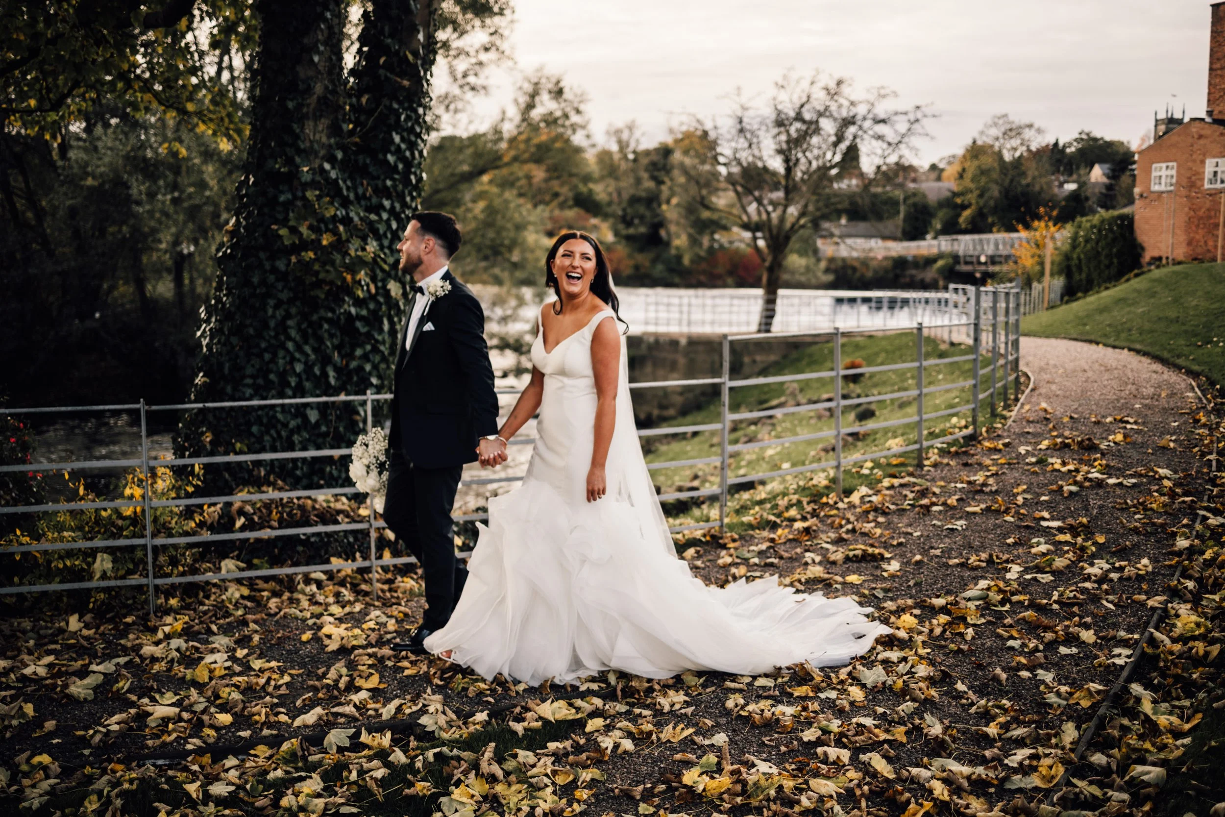 Autumn wedding at The West Mill with golden light and natural tones