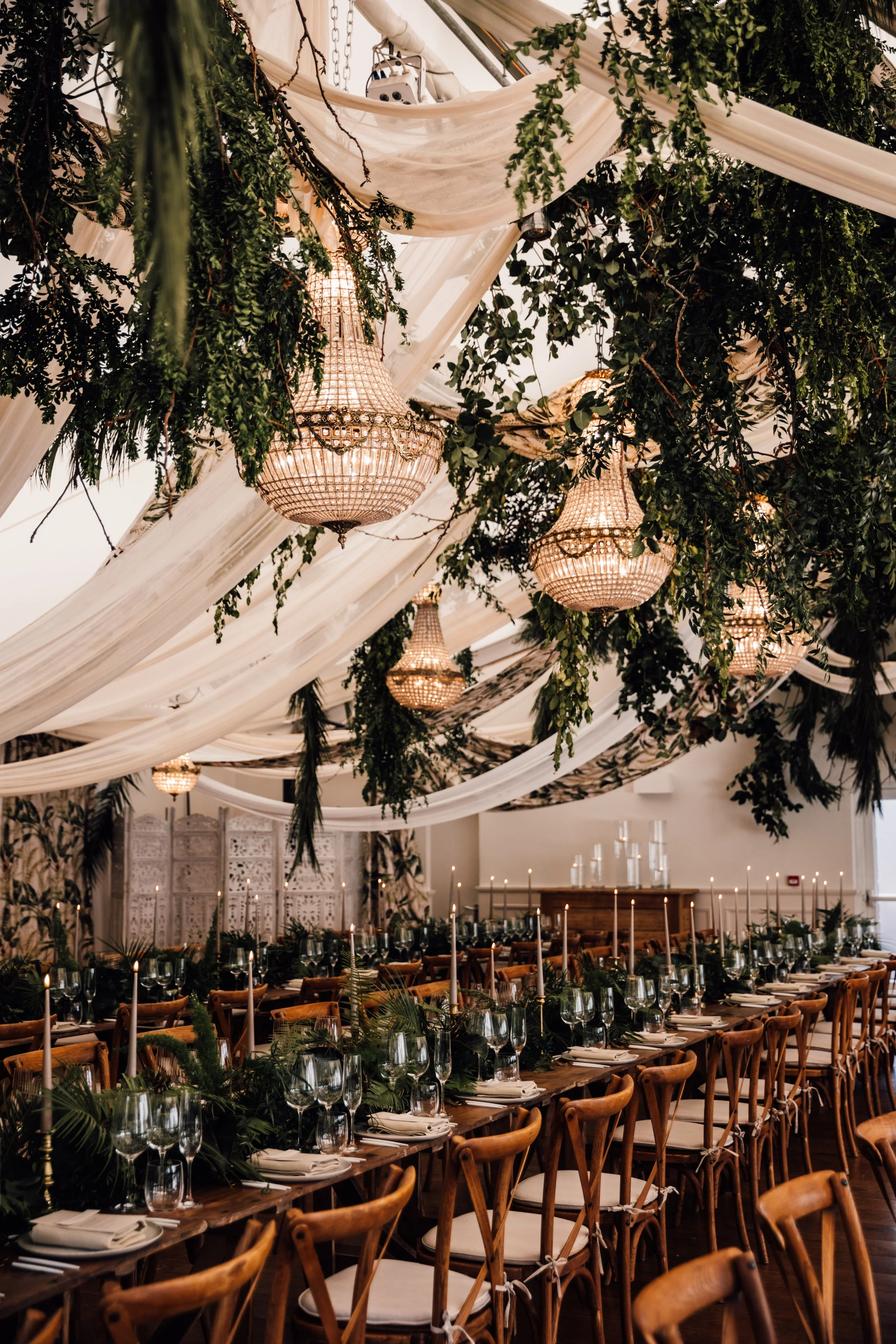 Greenery foliage and chandelier decoration for Iscoyd Park wedding