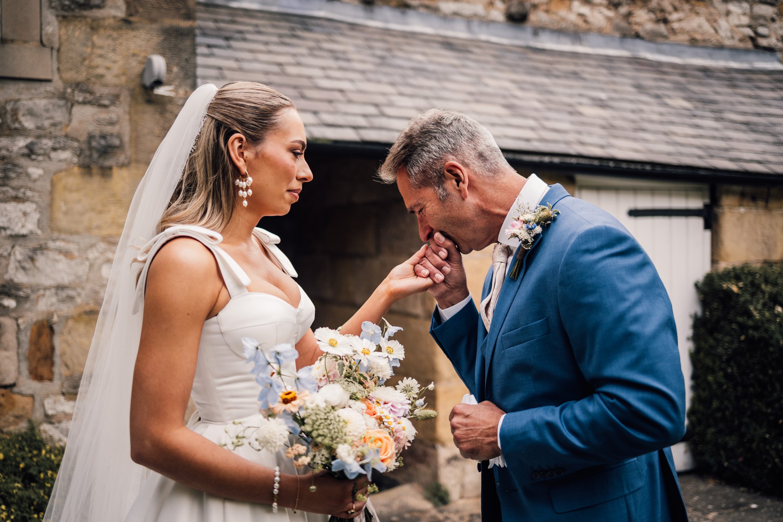 Brides first look with dad before her wedding in Hathersage