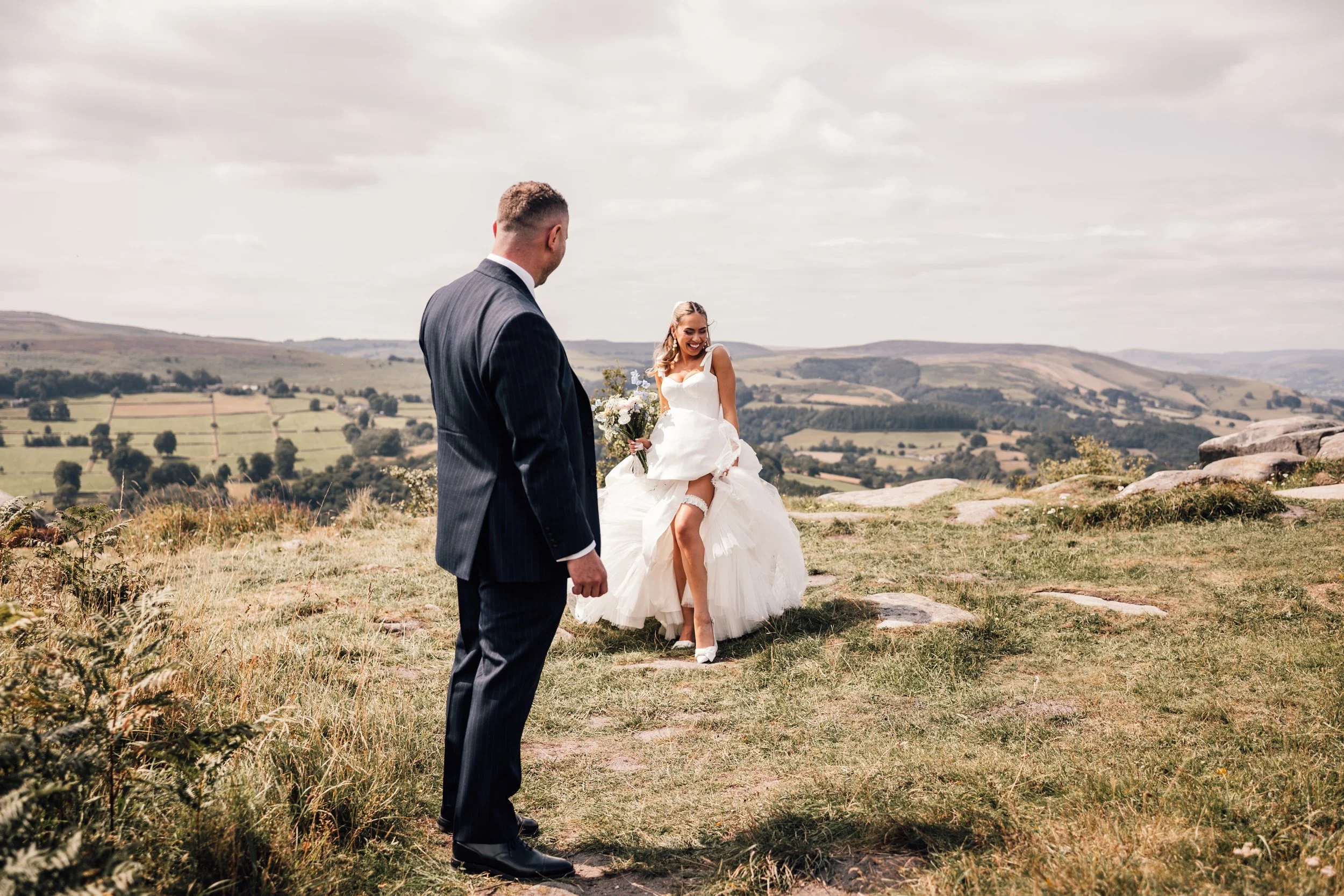 Romantic August wedding photography in Hathersage with scenic Peak District views
