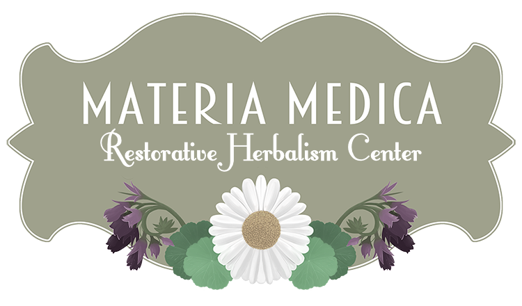 Materia Medica Restorative Herbalism Center logo featuring text and purple, green, and white flowers