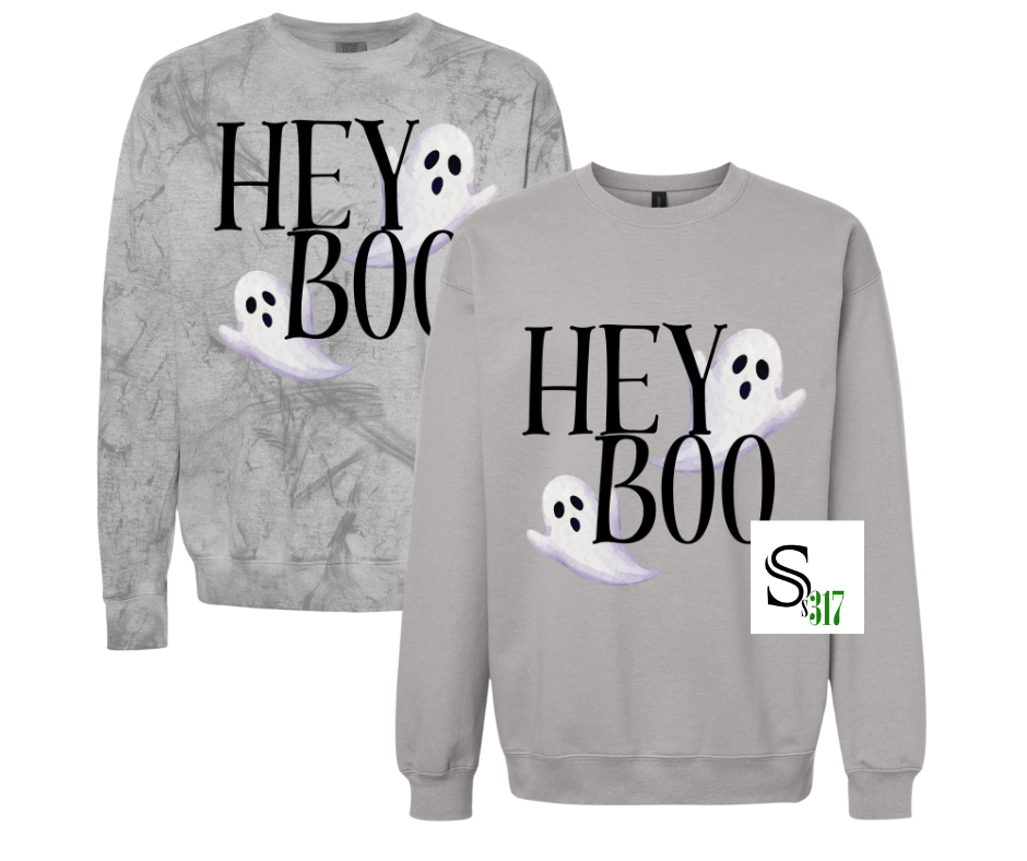 “Hey Boo” Ghost Sweatshirt – Cute, Cozy, and a Little Spooky 👻