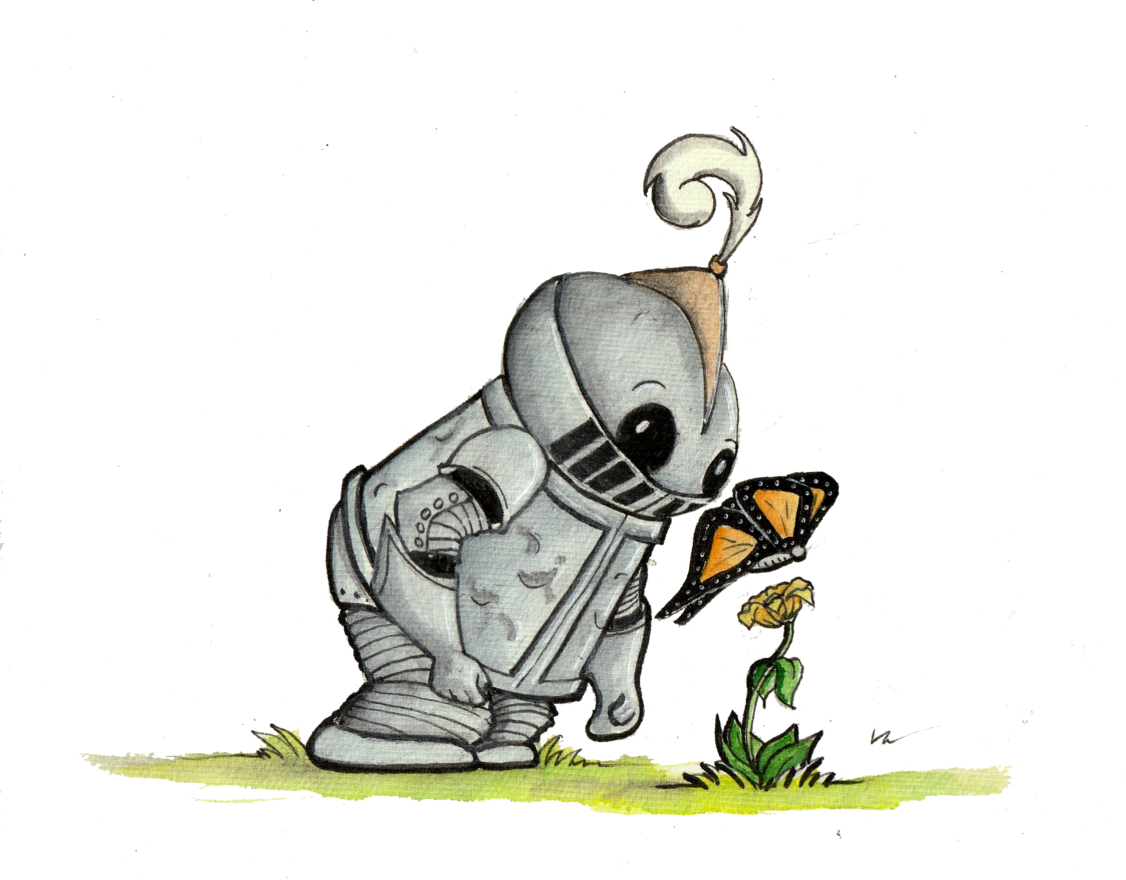 Lil' Knight & butterfly - 8in x 10in Ink & Watercolor