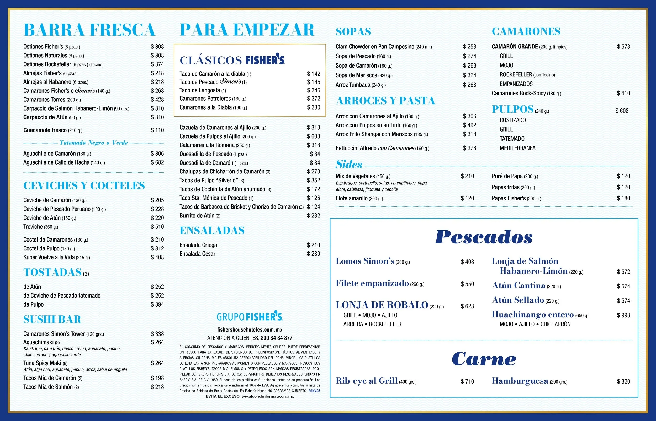 Menú con secciones de mariscos, pescados, entradas, sushi, ensaladas, arroz y pasta, lados, pescado, carne y postres. Incluye platos como ceviche, tacos, ensalada griega, salmón, y hamburguesas.