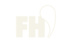 Logotipo con letras 'FH' y un símbolo abstracto similar a una forma de lágrima en color blanco sobre fondo negro.