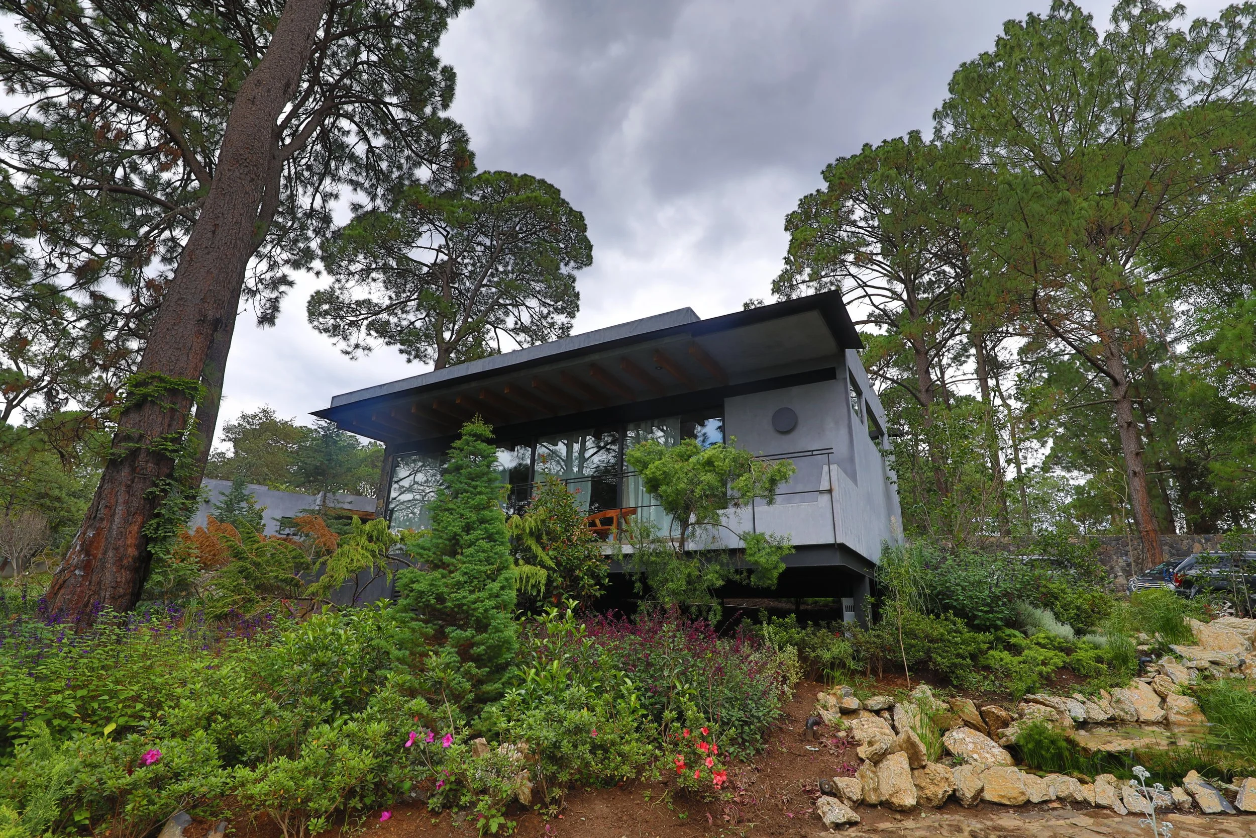 Casa moderna de vidrio y concreto en medio de un bosque con árboles altos y vegetación colorida.