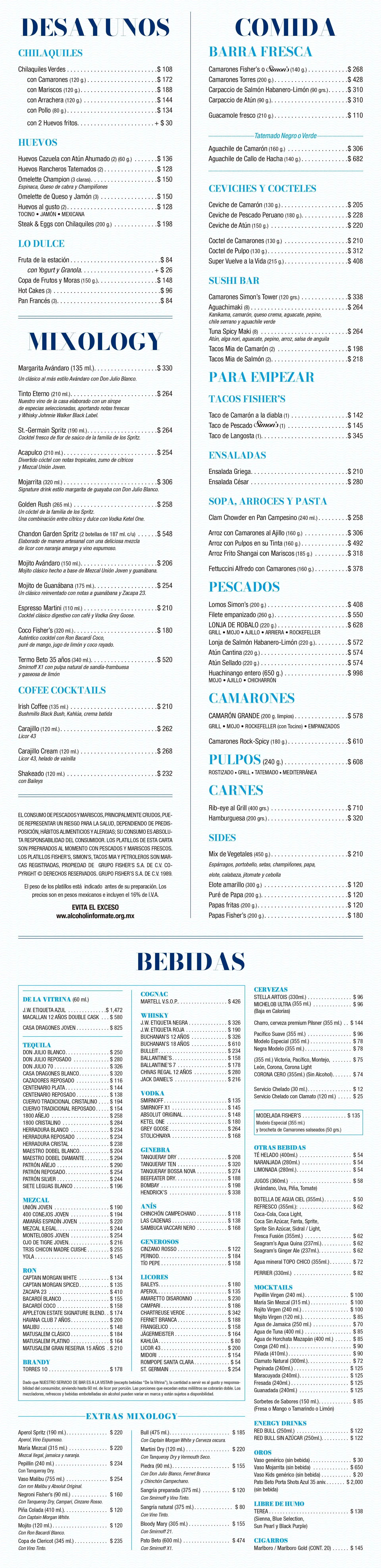 Menú con secciones de desayunos, sopas, pescados, mariscos, carnes, verduras, desayunos, bebidas y cócteles, comida del día, sushi, ensaladas, y opciones para empezar, además de tacos, ceviches y cócteles, y una sección de desayuno especial. Incluye precios y nombres de platos. El diseño es de columnas y títulos en negrita.