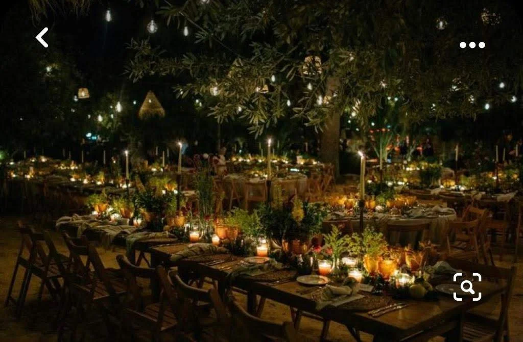 Cena elegante al aire libre decorada con velas y plantas, en un ambiente nocturno.