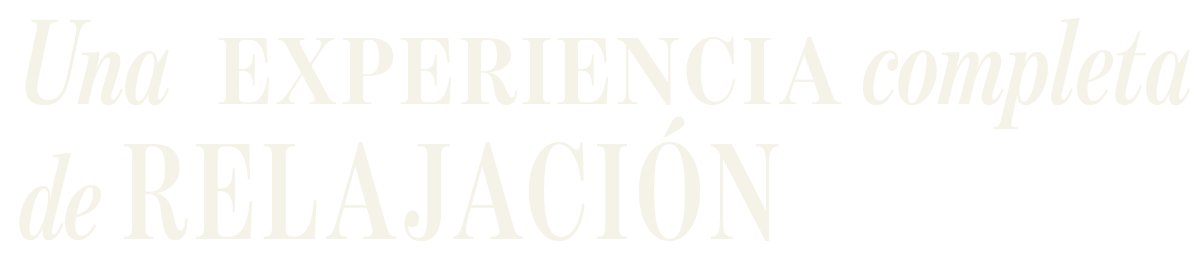 Texto en español que dice: 'Una experiencia completa de relajación' con diferentes estilos de fuente en tonos blancos sobre fondo negro.