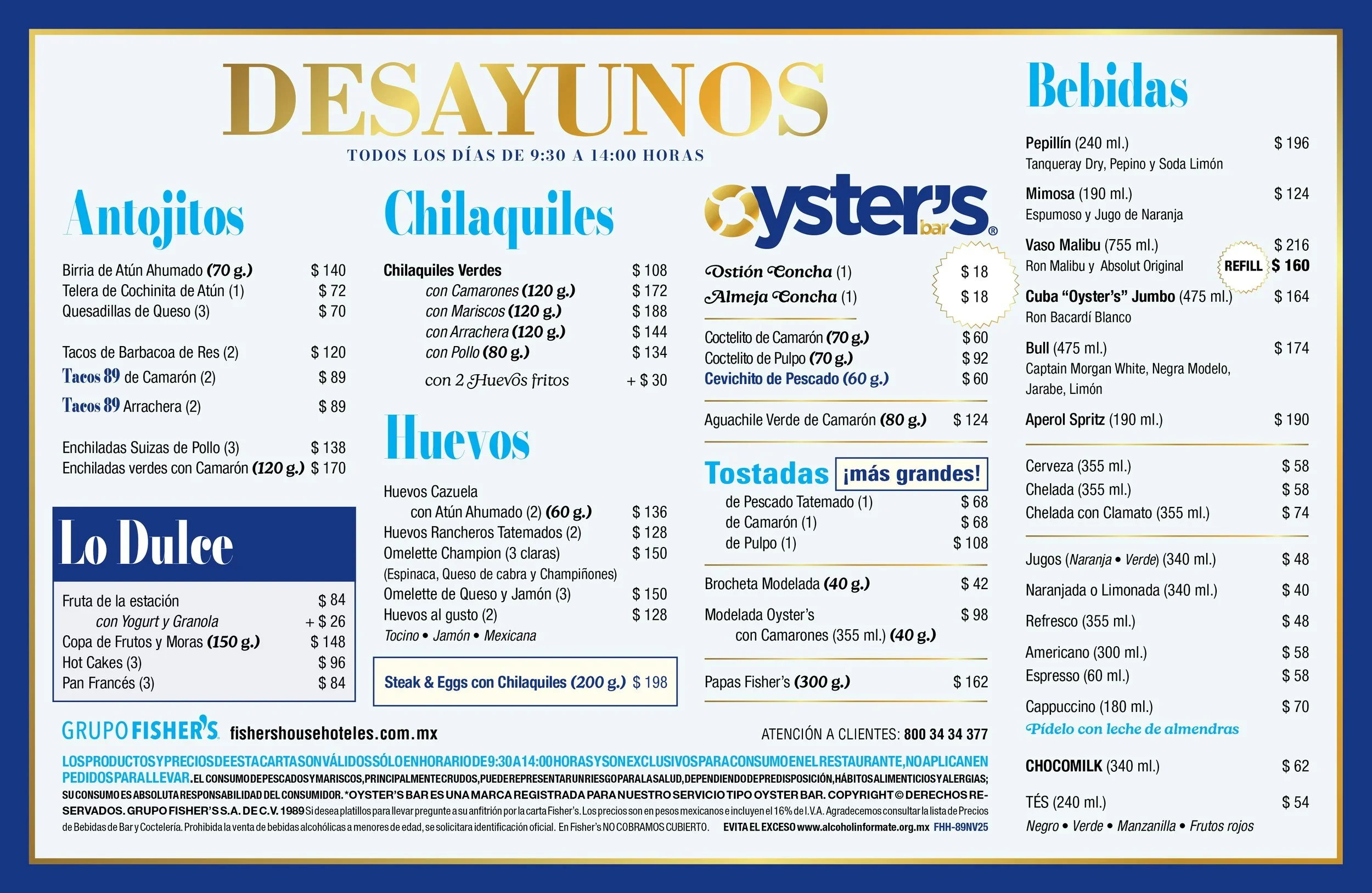 Menú de desayuno con secciones para antivajos, huevos, chilaquiles, bebidas, tostadas, lo dulce y más grandes, con precios y descripción en español.