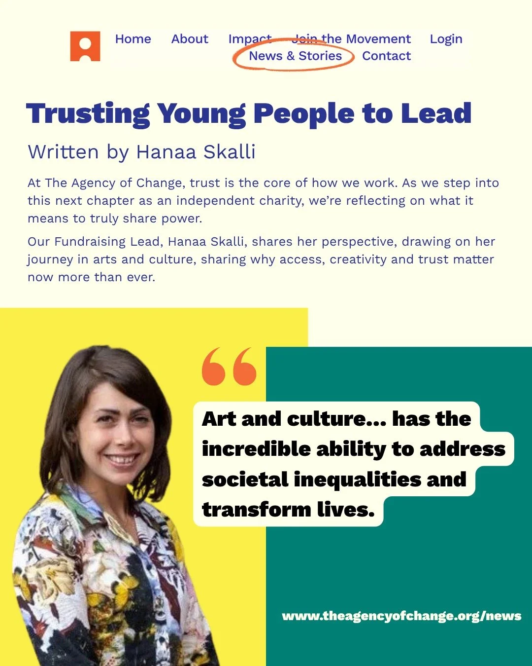 Trust. Creativity. Access. 3 of the things shaping how we move forward into our new chapter as The Agency of Change 💥

Our Fundraising Lead, Hanaa Skalli, shares a powerful reflection on what it means to truly share power with young people. 🔗 Read 