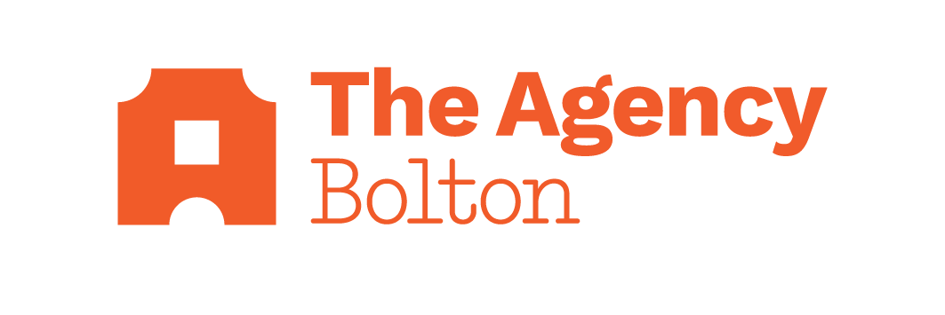 Logo for The Agency Bolton featuring a stylized orange house and black and orange text.