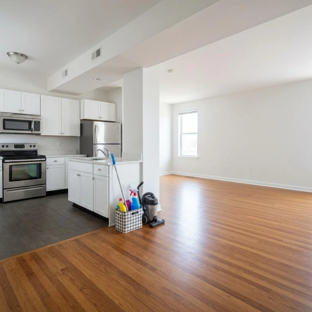 Empty apartment with wood floors and grey and white kitchen move out turn over cleaning in Spokane to Post Falls