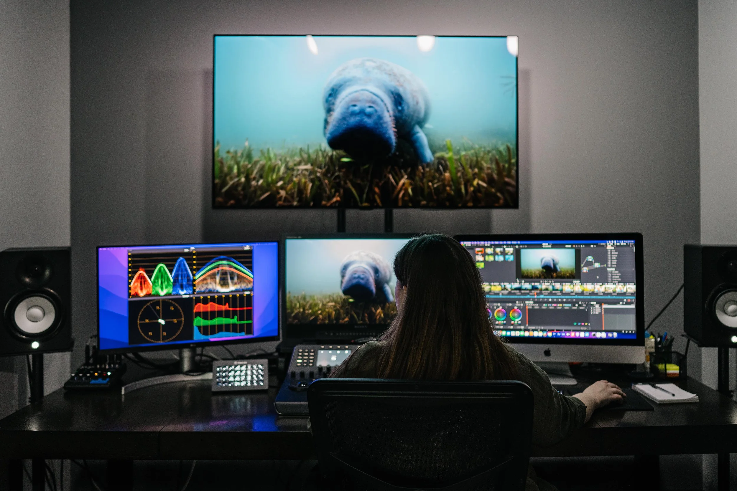Video editor working at a desk with multiple monitors, editing footage of a hippopotamus underwater.
