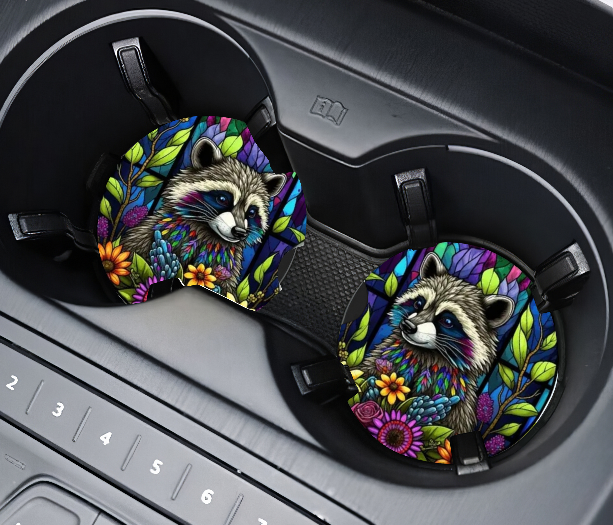 Colorful Raccoon Neoprene Car Coaster Set