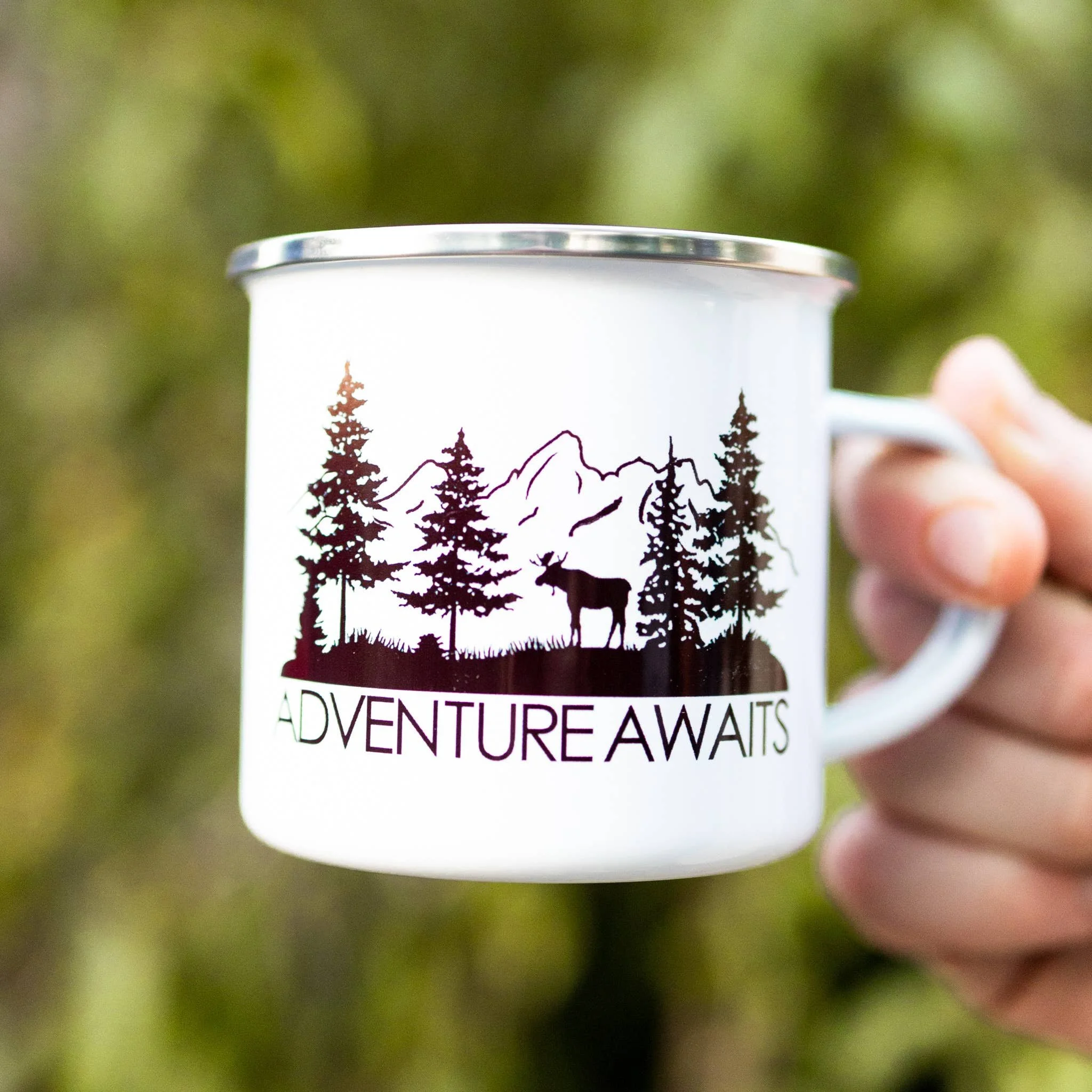Adventure Awaits Enamel Camping Cup or Mug - Grand Tetons Mountains