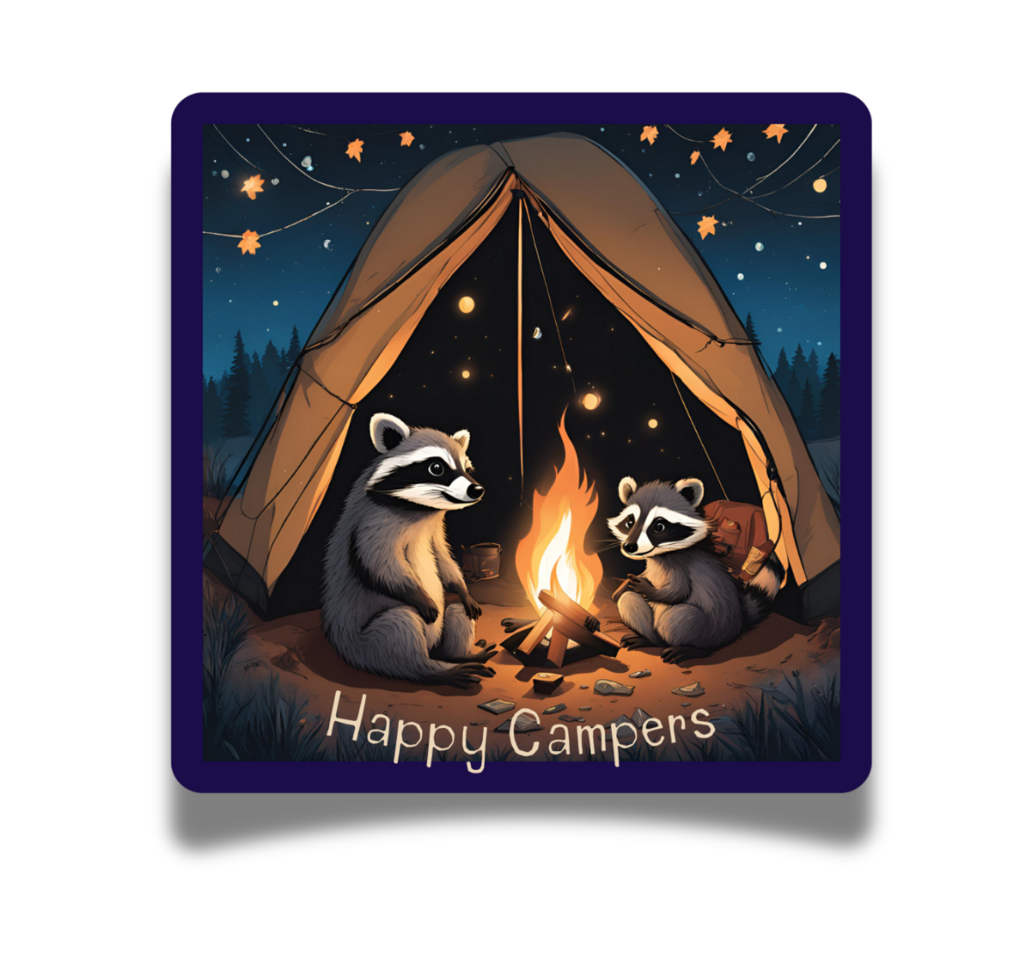 Raccoon Family Camping by the fire square vinyl sticker