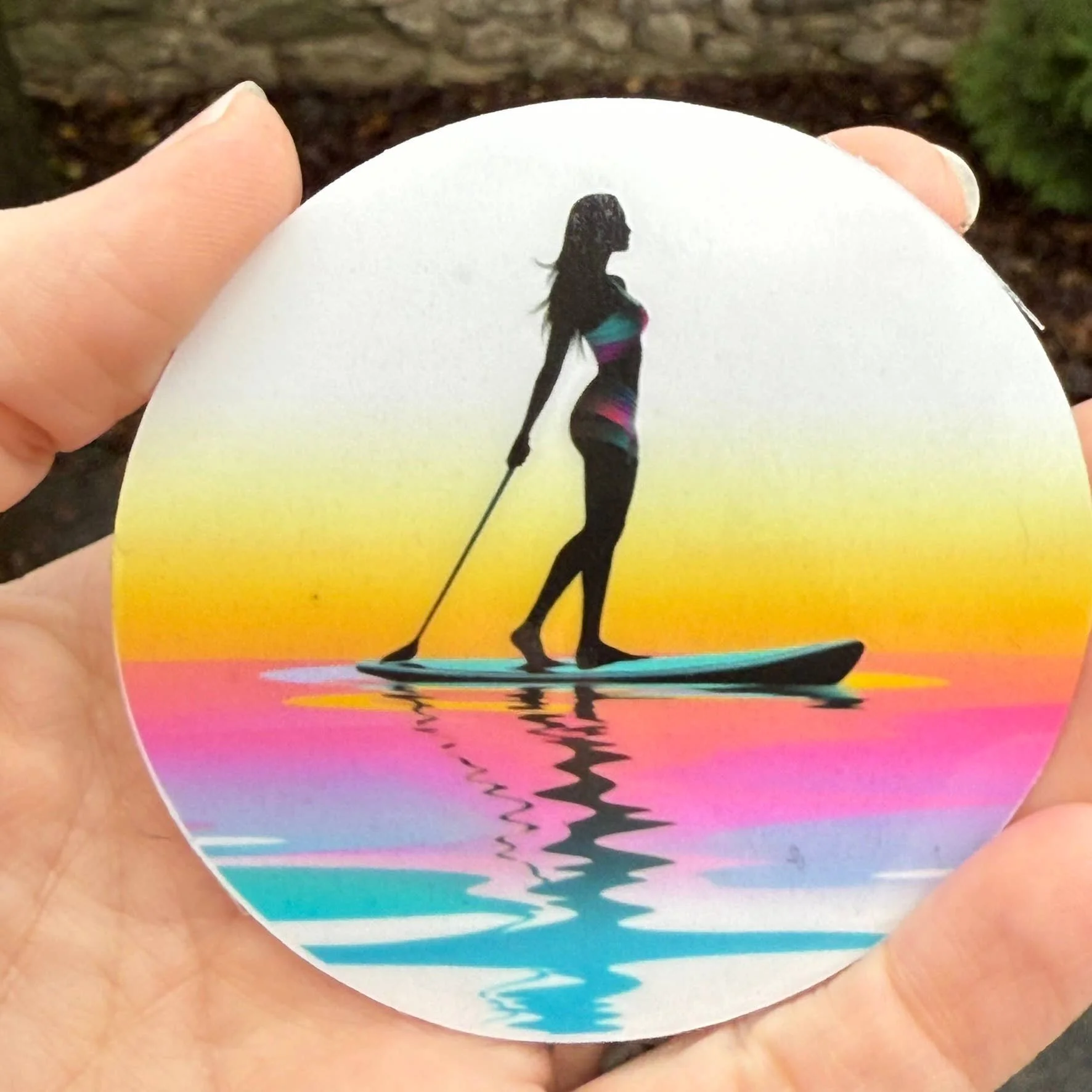Sunset Paddleboarder -3” Round Vinyl Sticker