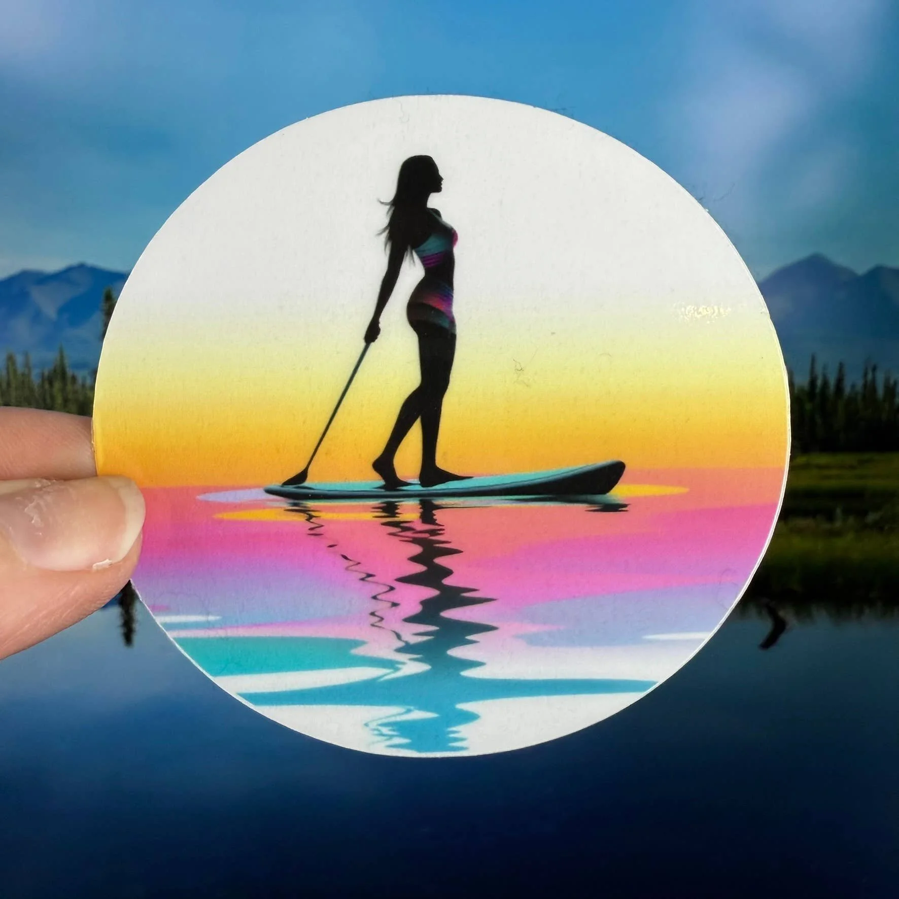 Sunset Paddleboarder -3” Round Vinyl Sticker