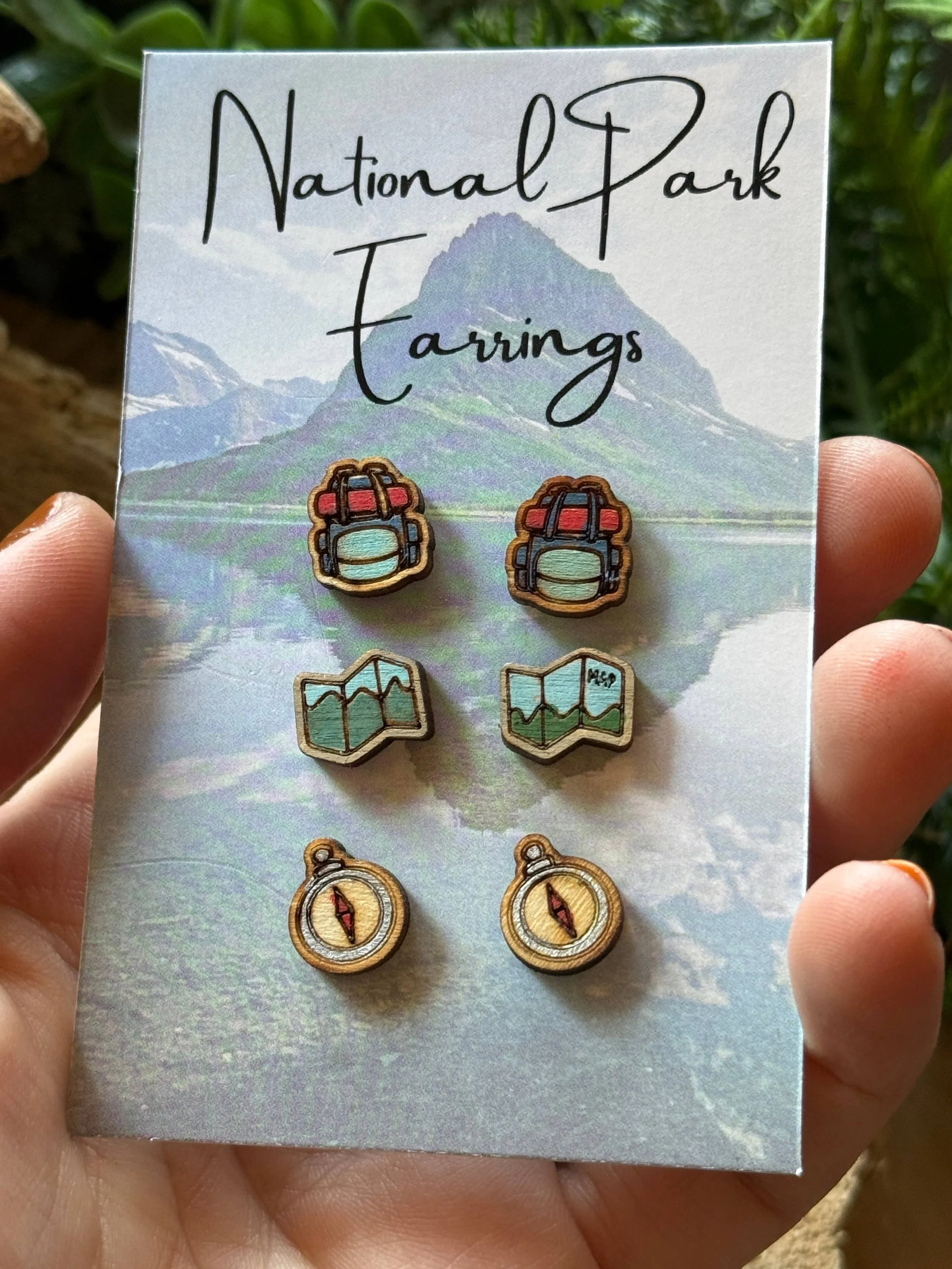 Little Pieces of the Wild - Wooden Enjoying the Hiking Trail, Stud Earrings