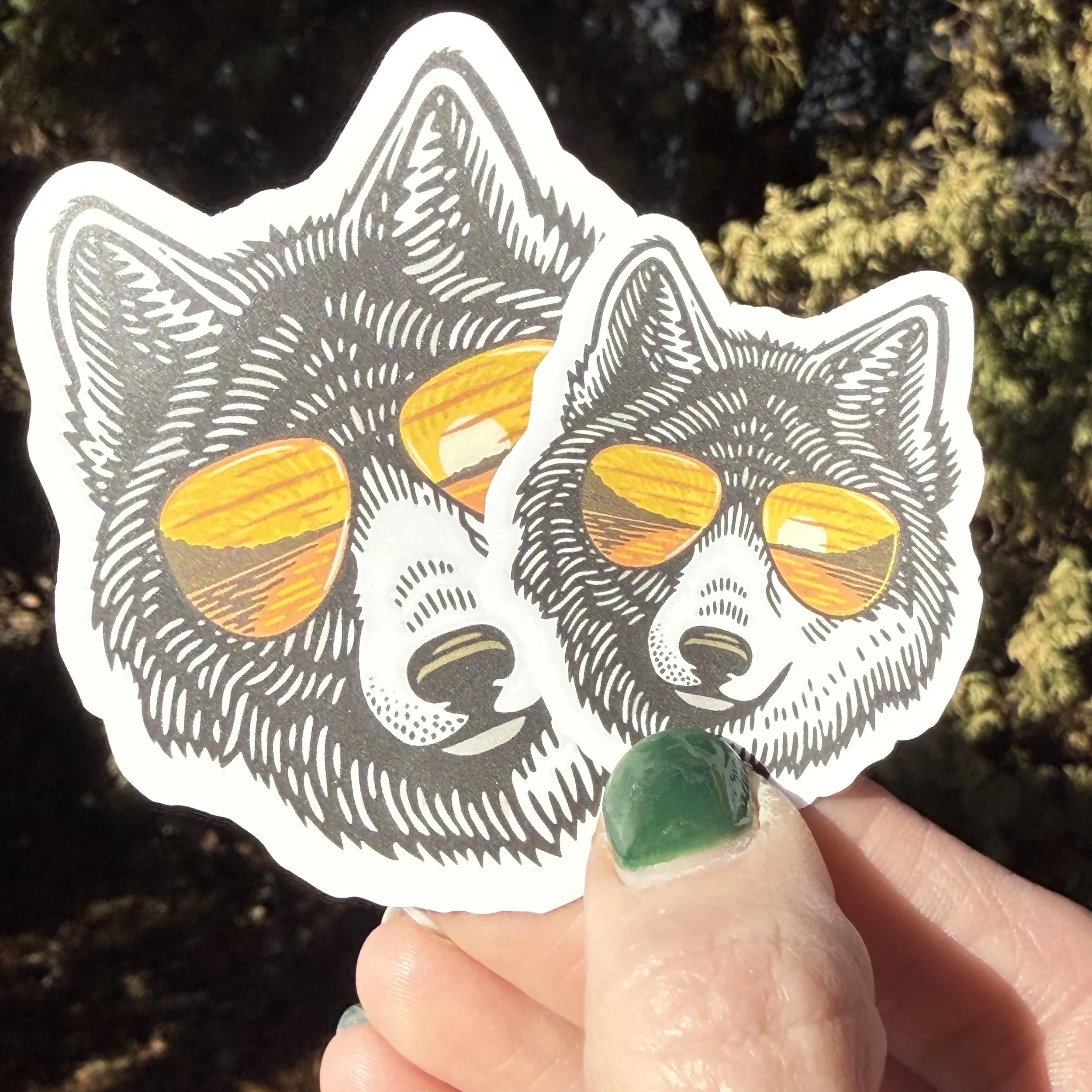 wolf-sunglasses-lake-reflection-vinyl-sticker-3-inch-and-2-inch