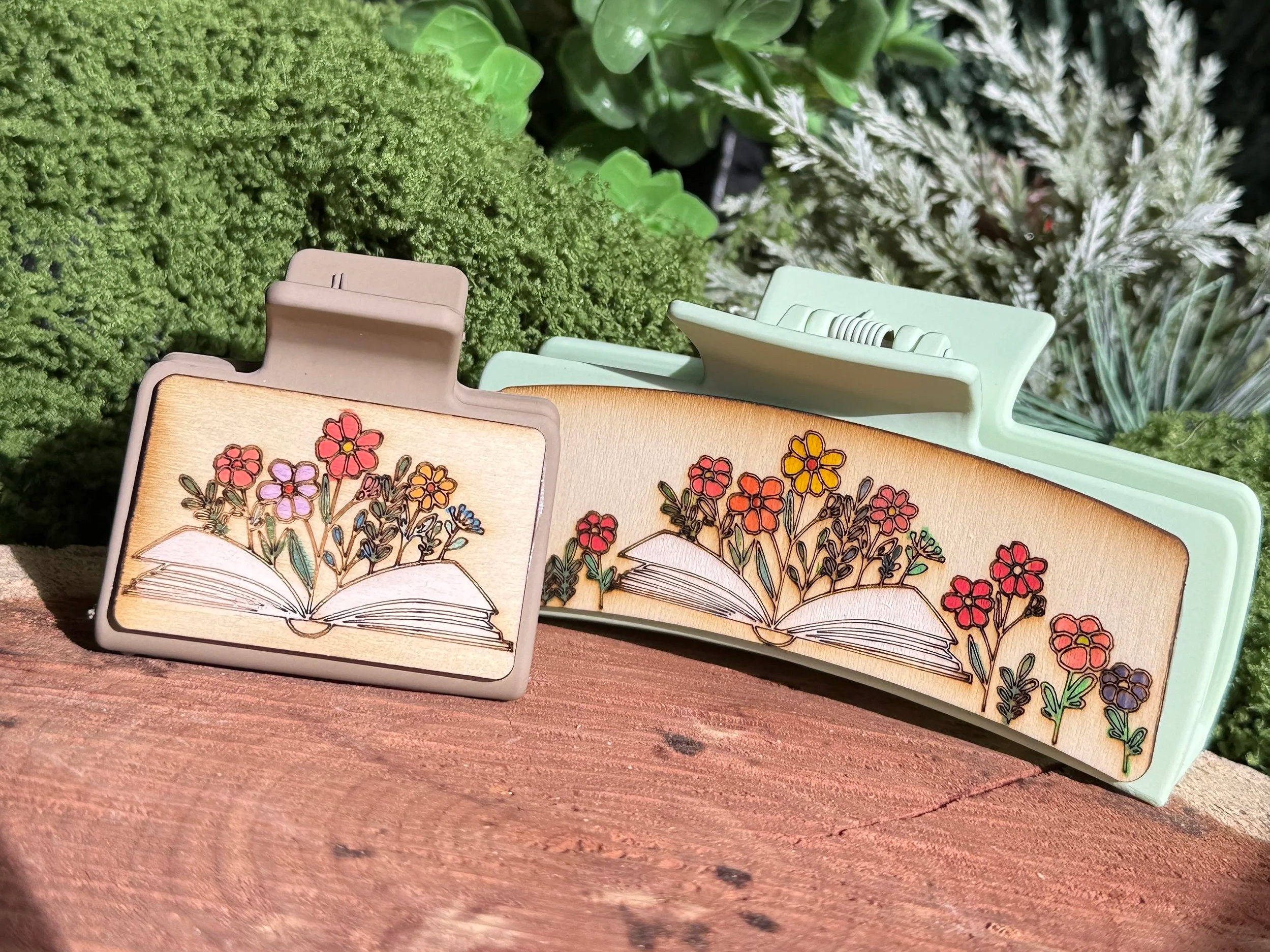 2 inch and 4 inch Claw Clips with a wooden image of Flowers emerging from an open book