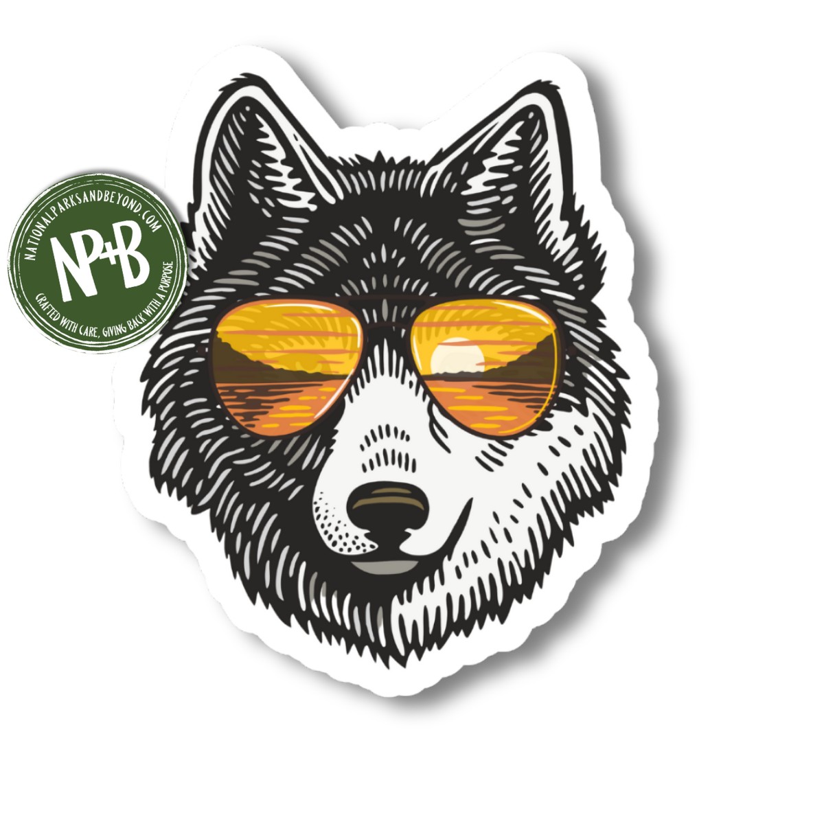 3 inch wolf sticker featuring a wolf face wearing sunglasses with a yellow lake reflection in the lenses