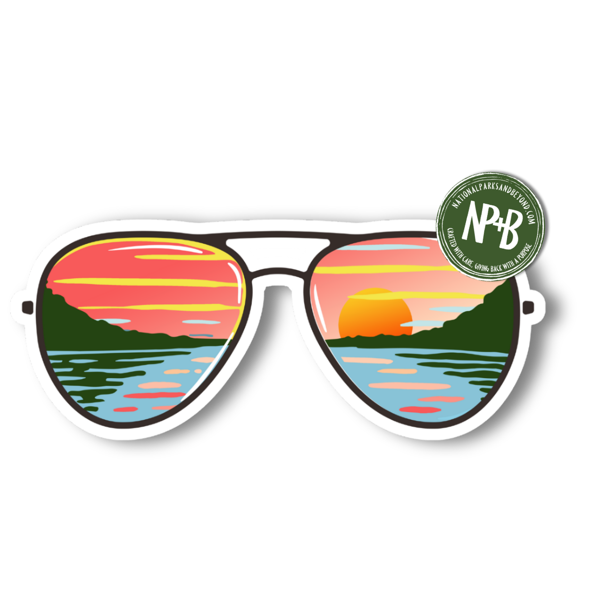 Vinyl sunglasses sticker with a pink blue and yellow sunset lake reflection in the lenses