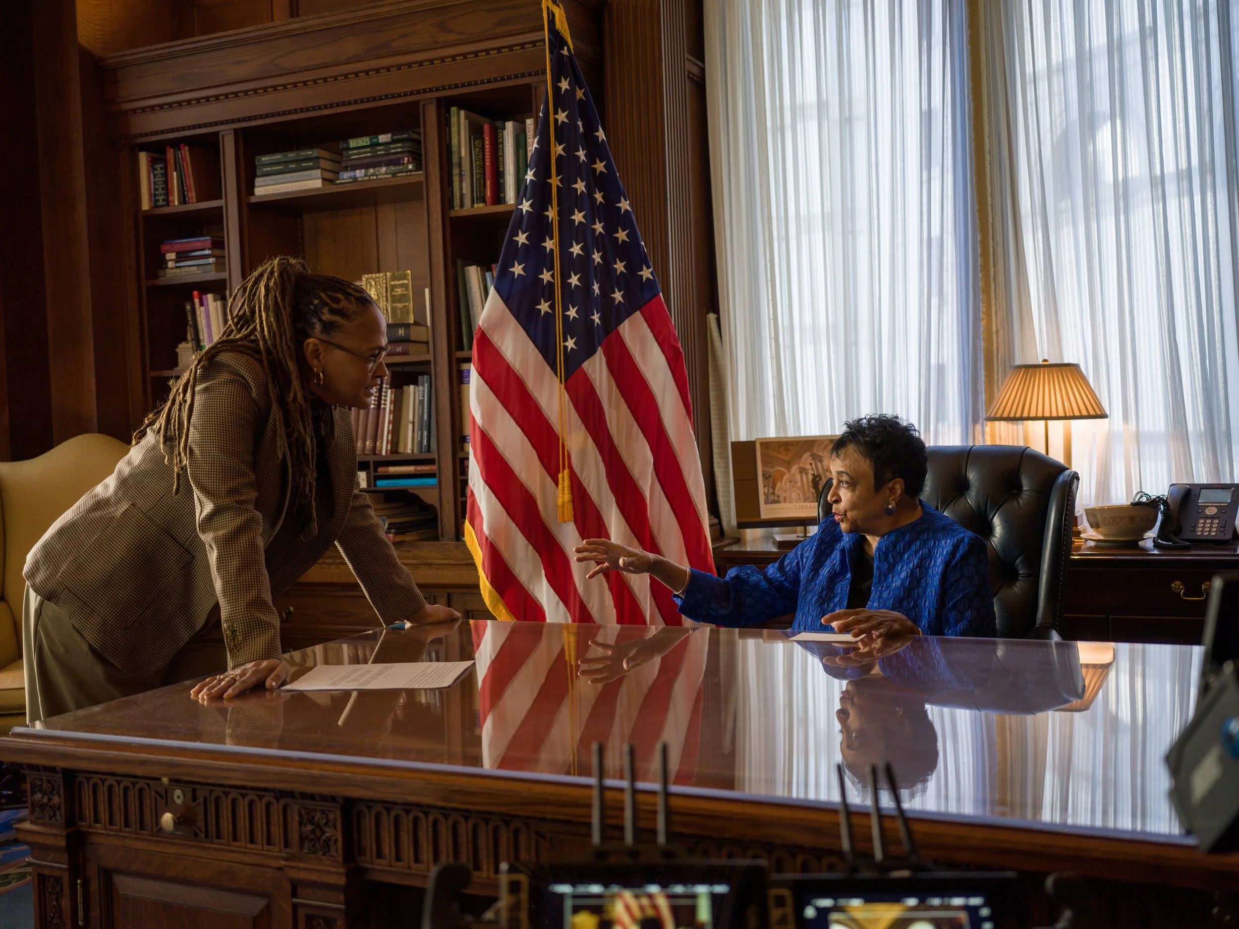  14th. The sitting Librarian of Congress Carla Hayden with filmmaker Ava DuVernay in Washington, DC in January 2025. Cr. Paul Garnes/Netflix © 2026 