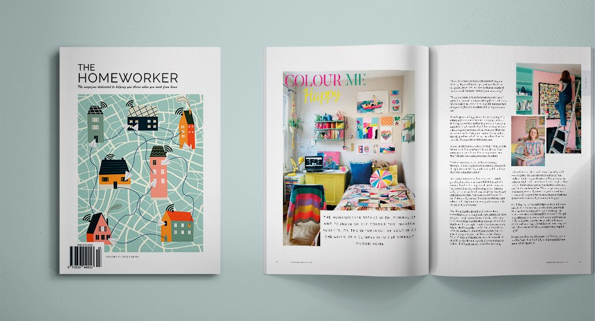 The Homeworker front cover and middle page spread with an article called Colour Me Happy