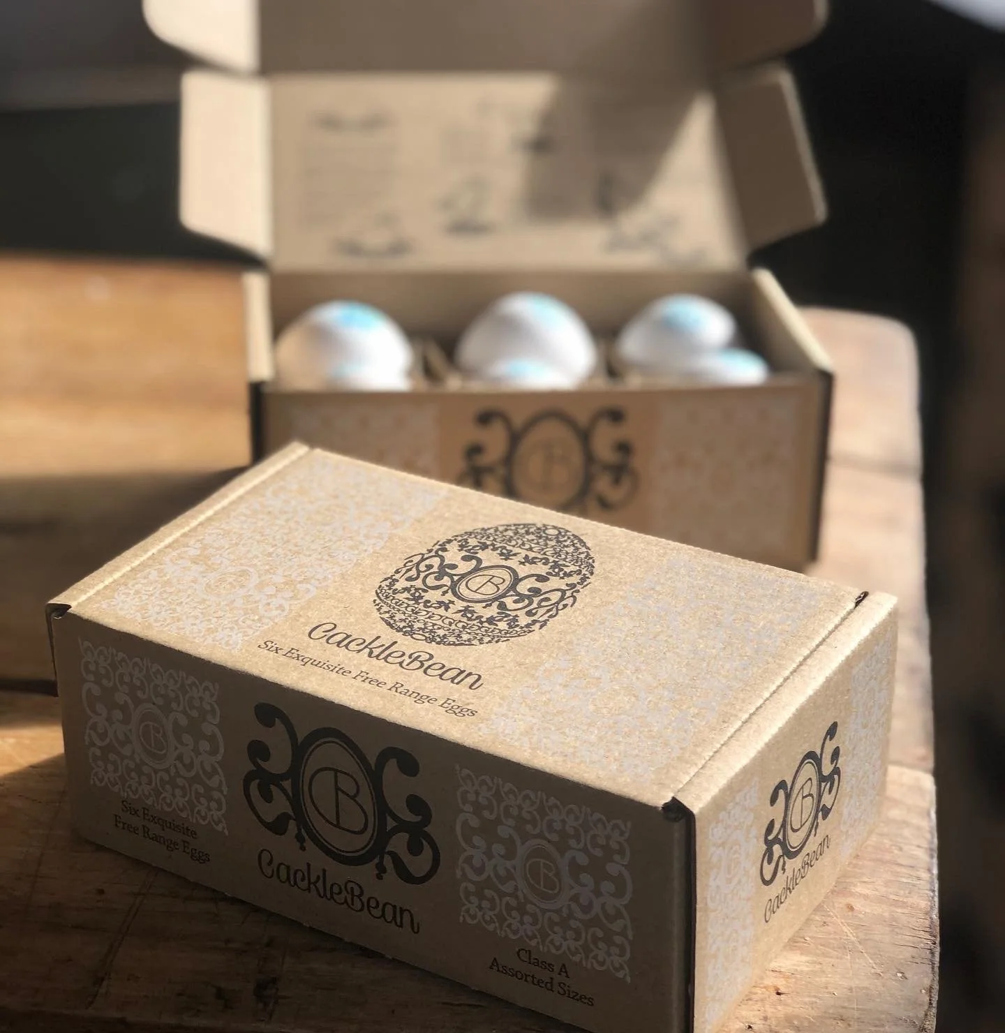 Box of Cacklebean Eggs on a table