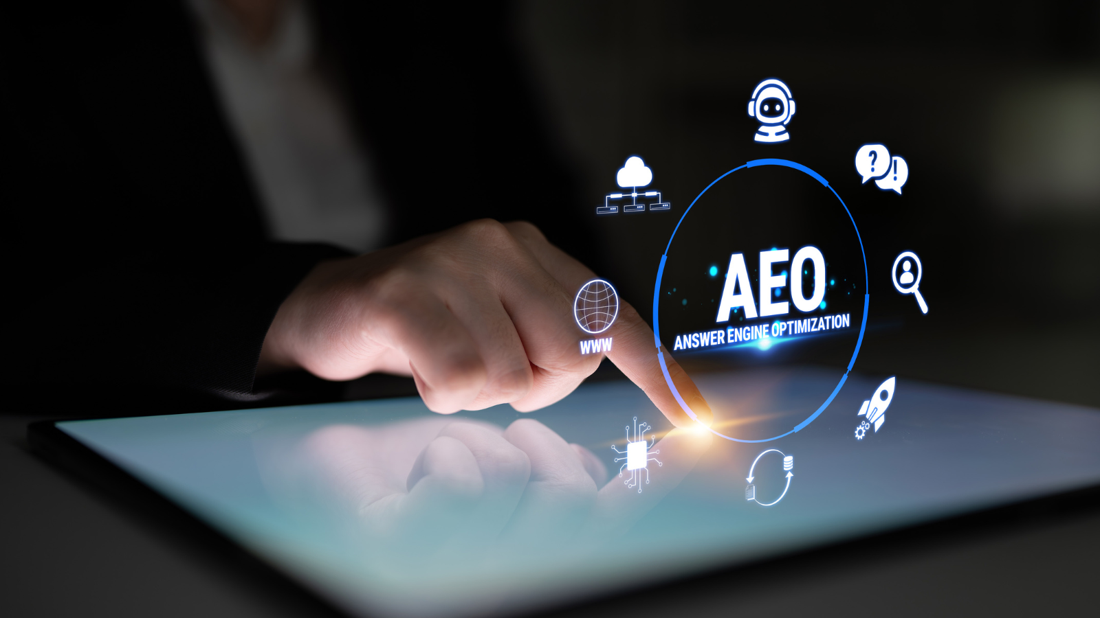 AEO and SEO concept illustration with 3D icons representing search, websites, and digital optimization strategies