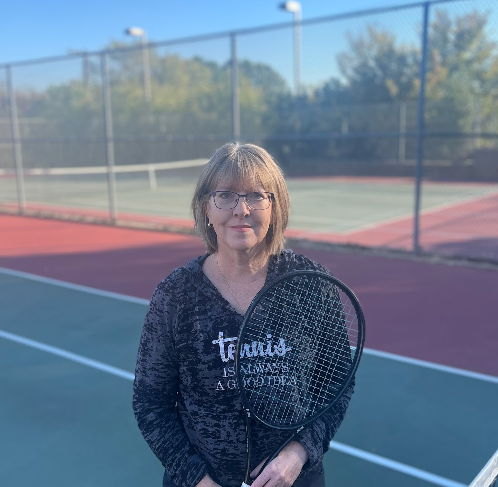 Coach Linda teaching tennis and pickleball at Franco Racquet Sports in Dallas, TX