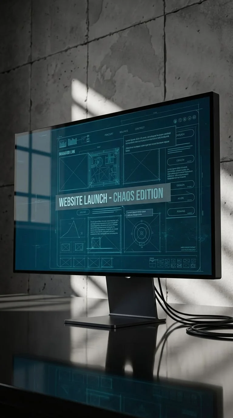 A computer monitor displaying a blueprint-style webpage titled "Website Launch — Chaos Edition" with various charts and diagrams on a dark background, reflected on a shiny black desk.