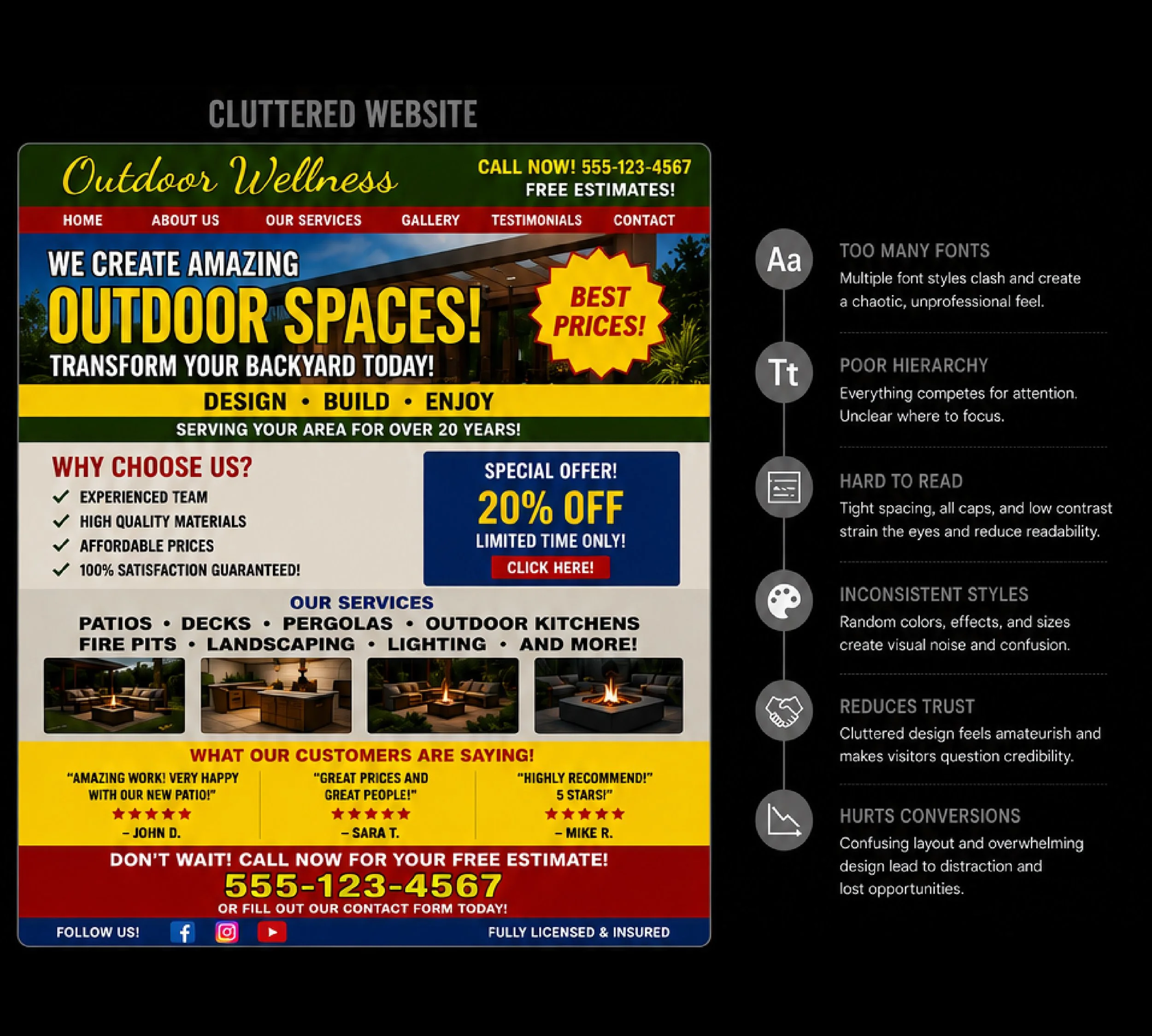 Advertisement for outdoor living spaces including patios, decks, pergolas, outdoor kitchens, fire pits, landscaping, lighting. Features a phone number and customer testimonials.