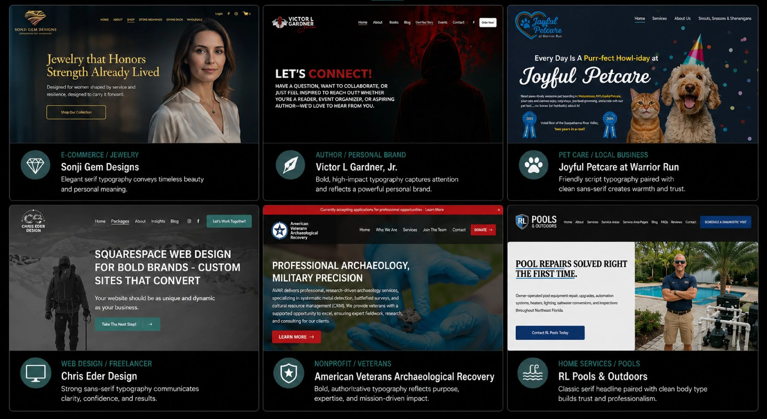 Collage of multiple website screenshots showcasing various business websites, including jewelry, personal branding, pet care, web design, archaeology, pool services, and nonprofit organizations.