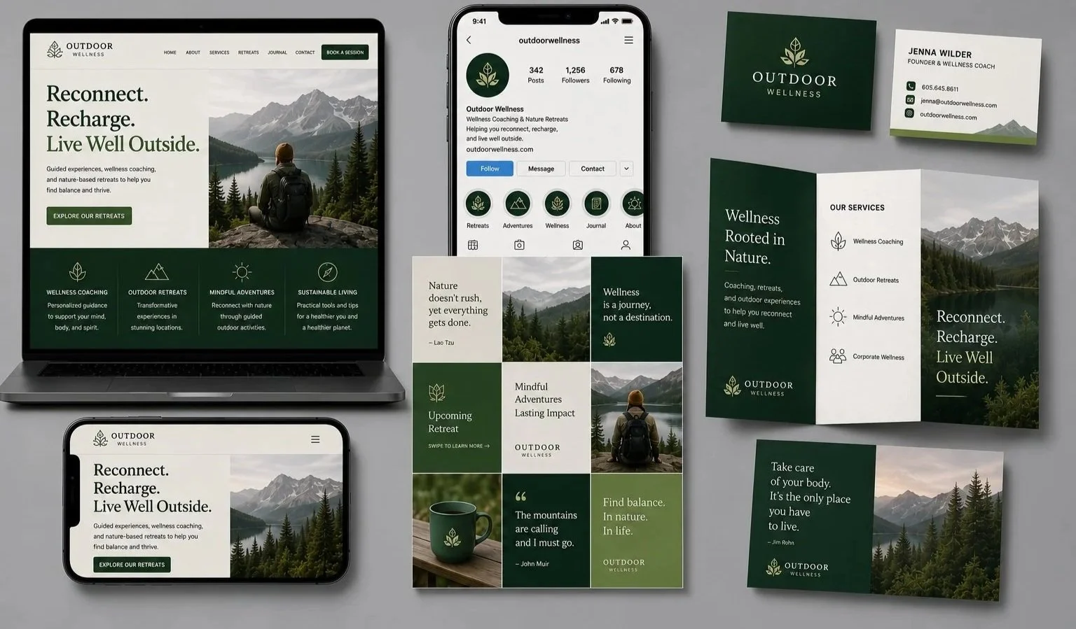 Collection of branding and marketing materials for Outdoor Wellness, including a laptop, smartphone, brochures, business cards, and a flyer. The visuals feature outdoor nature scenes, mountains, forests, and motivational quotes about reconnecting with nature and wellness.