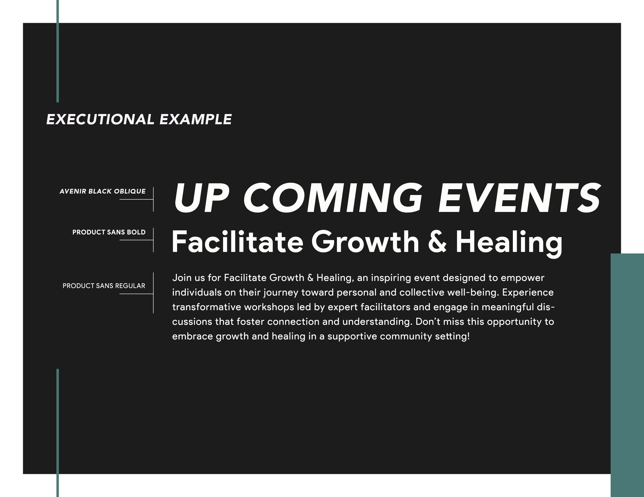 Event flyer with black background promoting upcoming growth and healing workshops, featuring bold white and italic text, a teal vertical line on the left, and details about the event's purpose and facilitators.