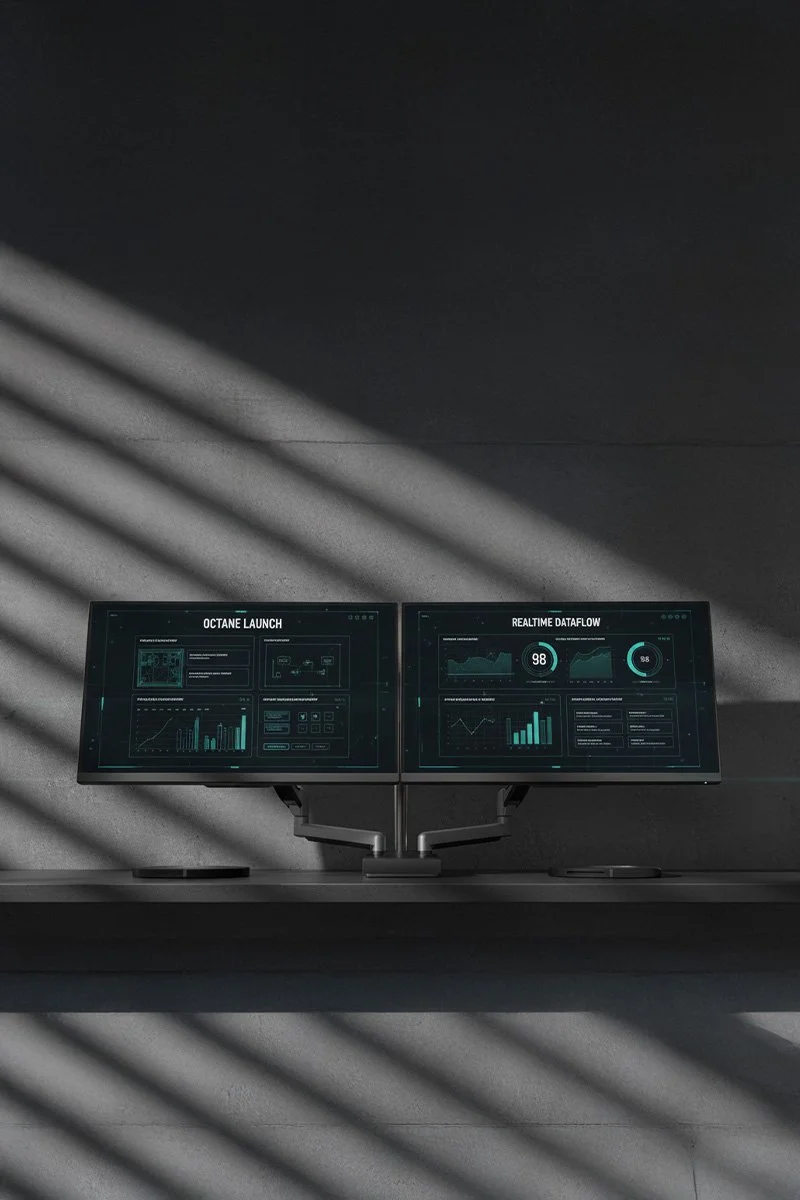 Two computer monitors displaying data dashboards on a desk with shadows cast across the wall behind them.