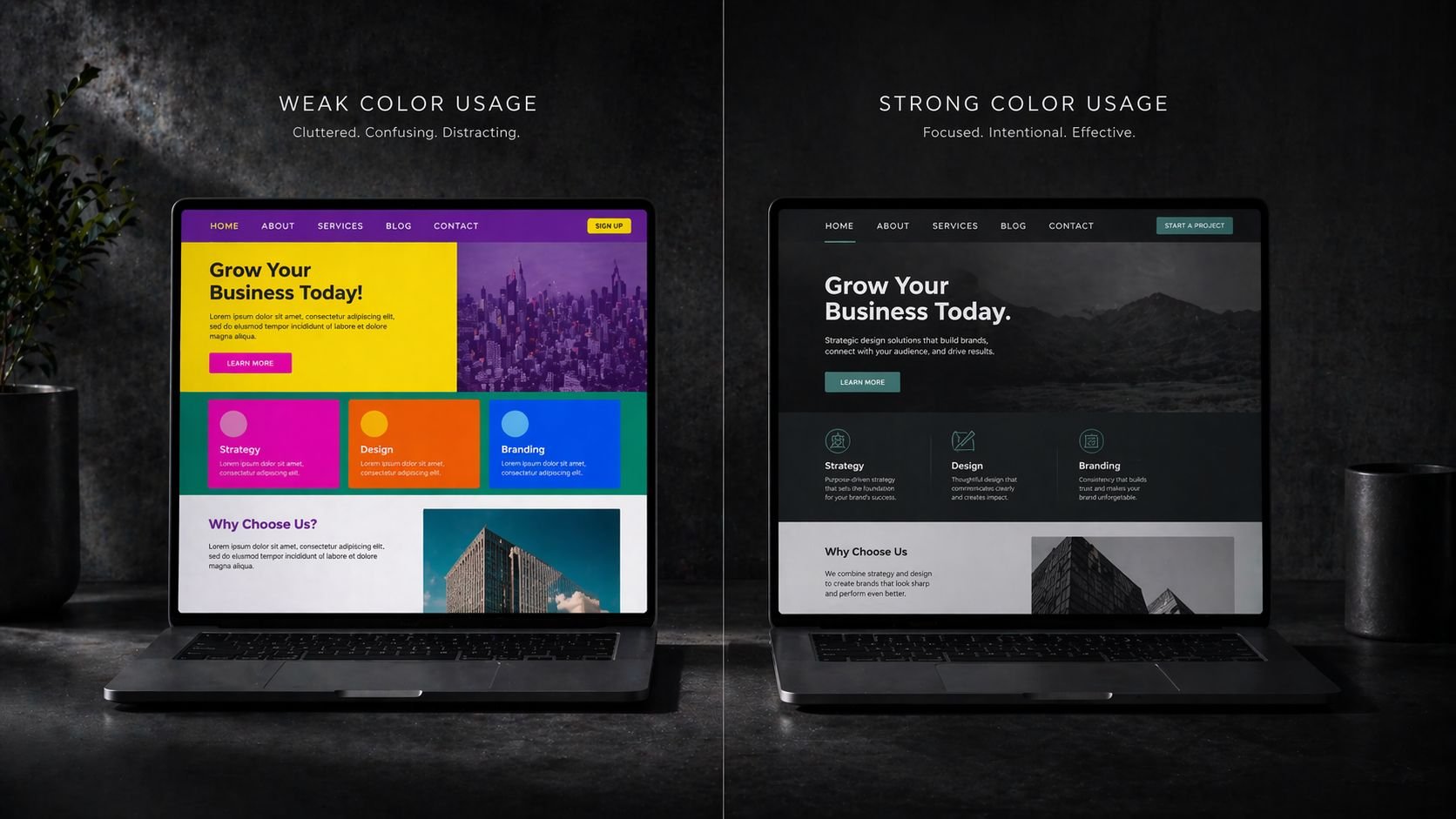 Comparison of two laptop screens on a dark desk, left screen with colorful design and text saying 'Grow Your Business Today!', right screen with a dark theme, same message, and icons for strategy, design, and branding.