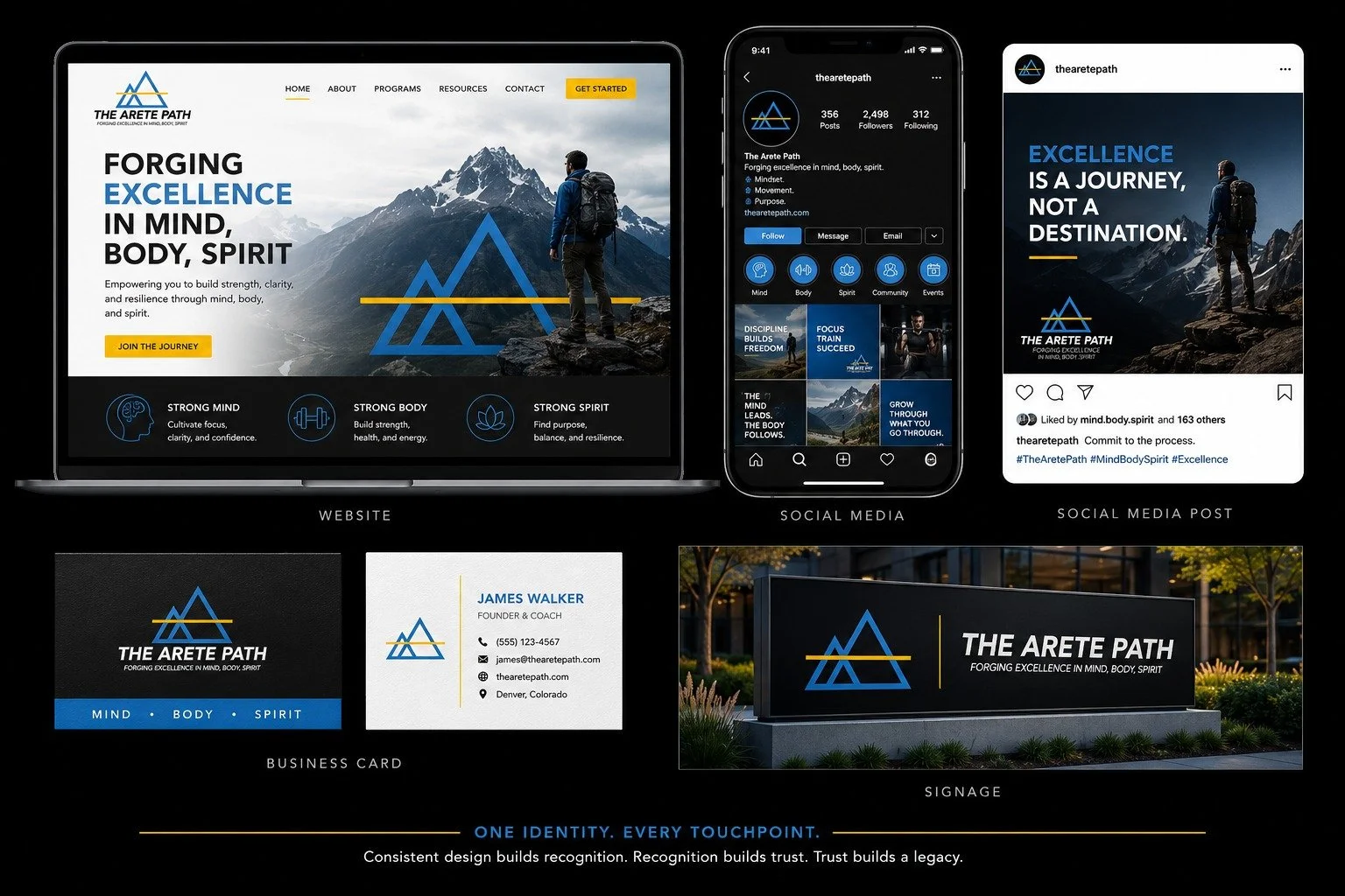A branding presentation for 'The Arete Path', a mental, physical, and spiritual wellness organization, displaying a website, social media profiles, business card, and outdoor signage, all featuring a mountain and geometric logo design with blue and yellow accents.