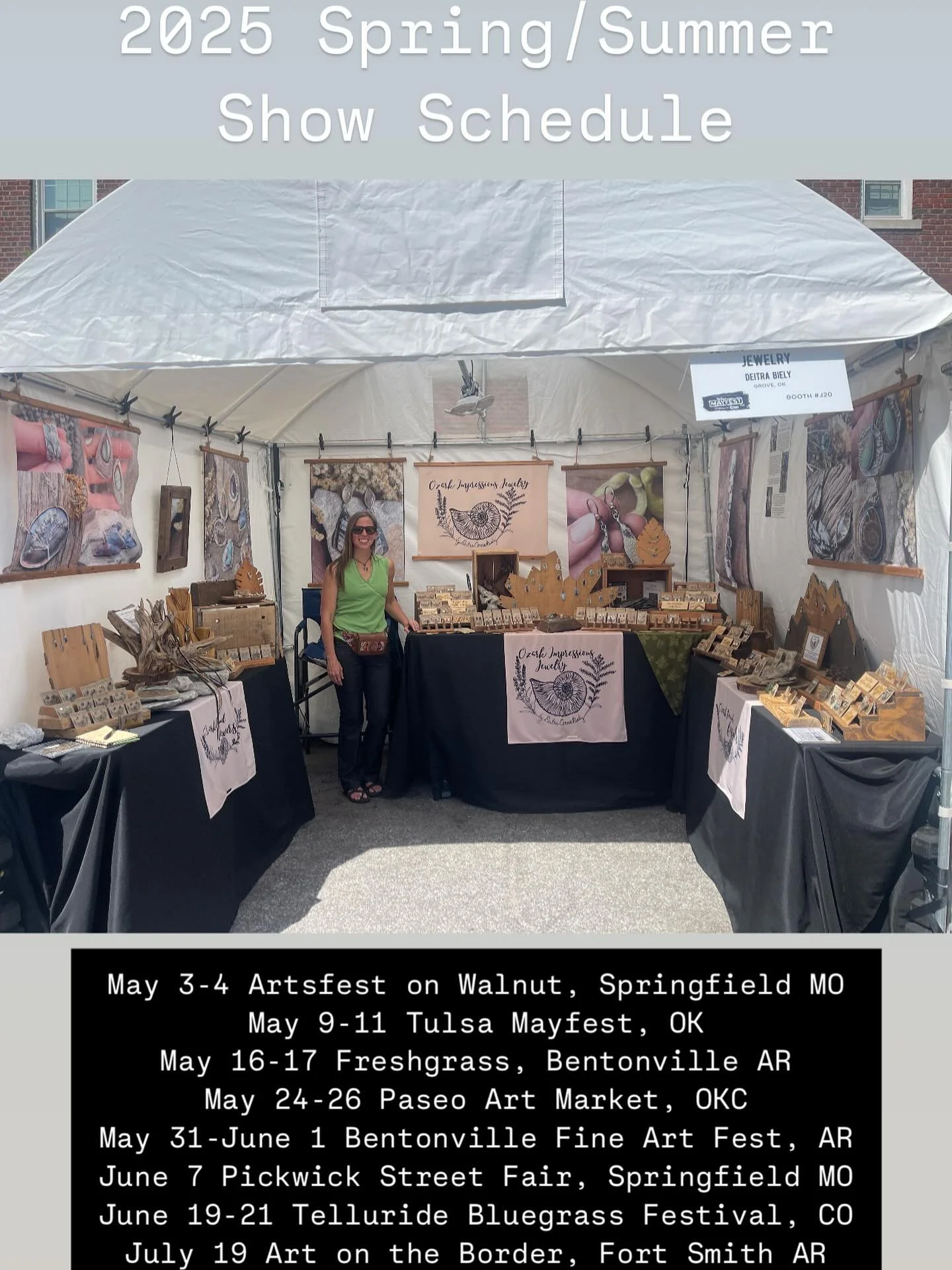 May 3-4 Artsfest on Walnut, Springfield MO
May 9-11 Tulsa Mayfest, OK
May 16-17 Freshgrass, Bentonville AR
May 24-26 Paseo Art Market, OKC
May 31-June 1 Bentonville Fine Art Fest, AR
June 7 Pickwick Street Fair, Springfield MO
June 12-15 Smoky Hills