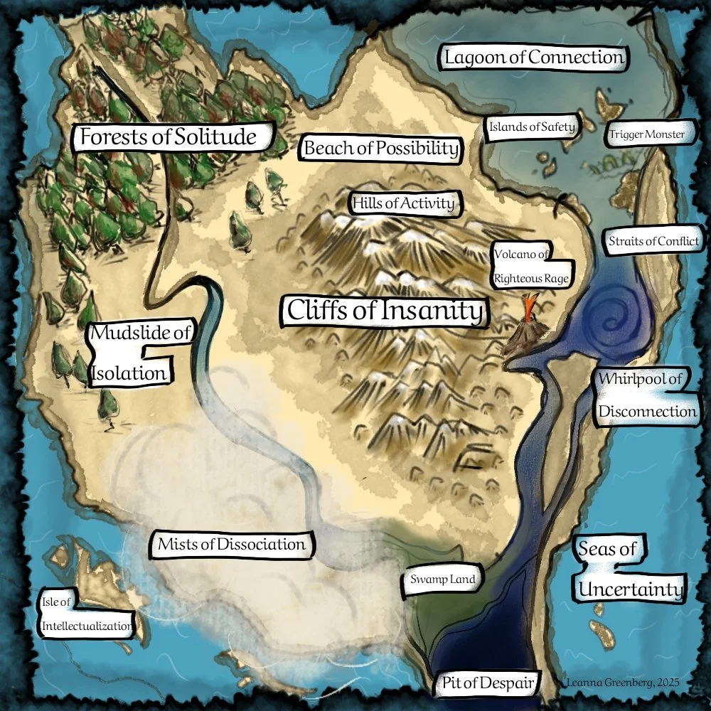 A fantasy map with regions labeled Forests of Solitude, Beach of Possibility, Cliffs of Insanity, Lagoon of Connection, and Seas of Uncertainty. Notable features include Mudslide of Isolation, Mists of Dissociation, Swamp Land, Pit of Despair, and Whirlpool of Disconnection. Additional areas are Islands of Safety, Straits of Conflict, Trigger Monster, Volcano of Righteous Rage, Hills of Activity, and Isle of Intellectualization.