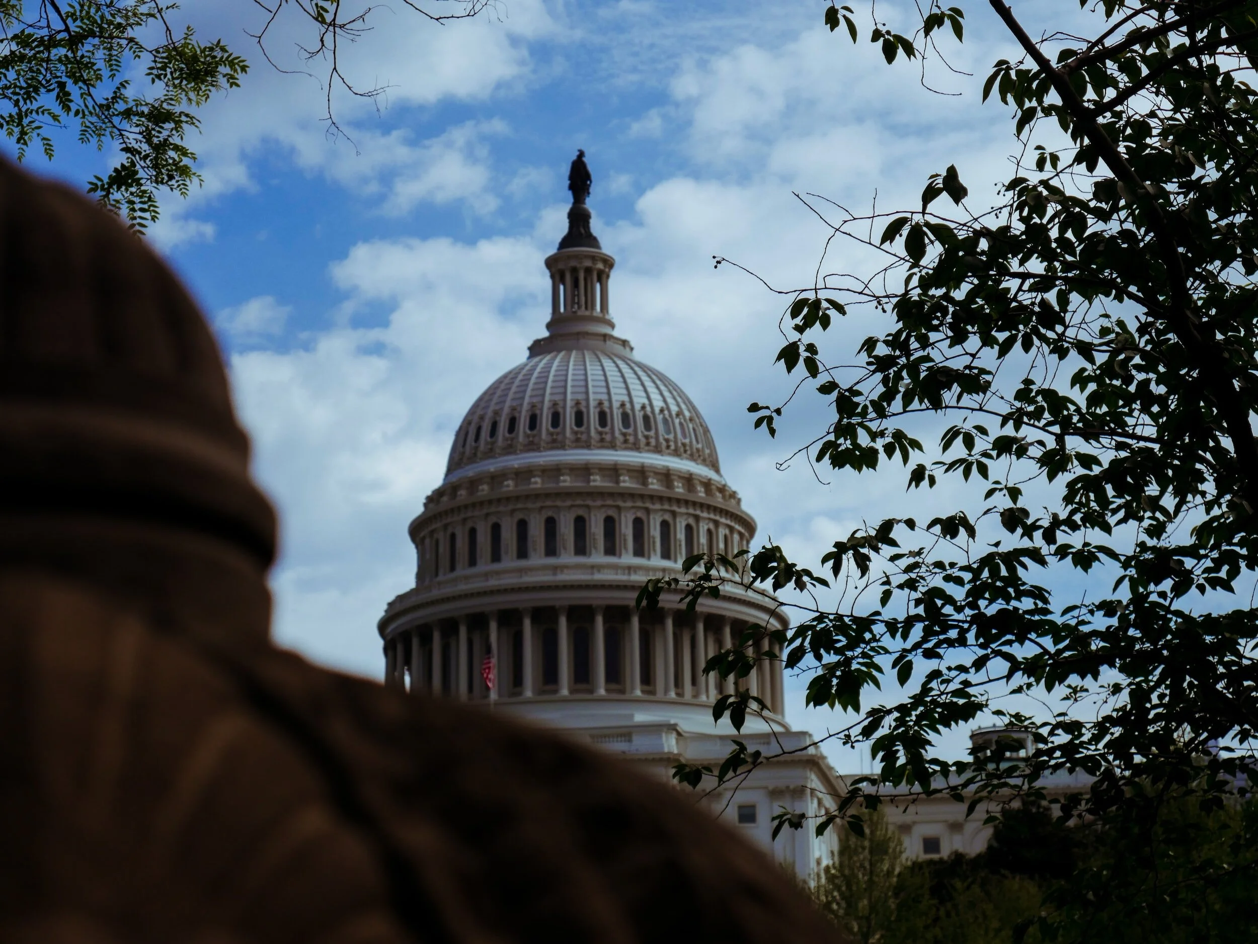 The United States Capitol building viewed through tree branches with a partly cloudy sky in the background.