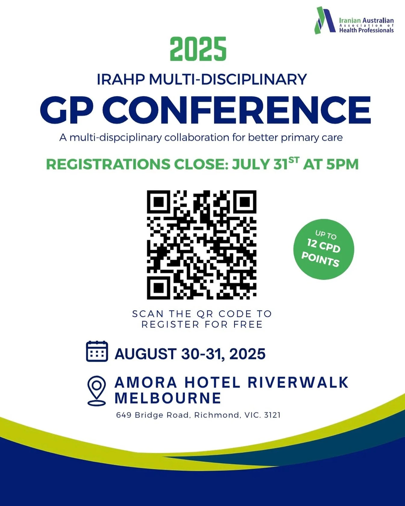 Registrations for the 2025 IRAHP Multi-Disciplinary GP Conference are closing soon! 🩺📢
Don&rsquo;t miss your chance to attend this free event offering 12 CPD points and incredible networking opportunities.

📅 Conference dates: August 30&ndash;31, 