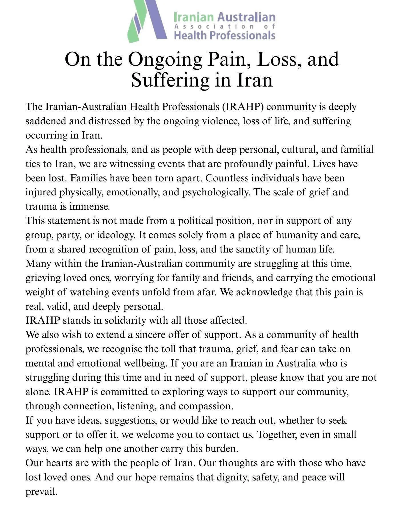 Our community is deeply saddened by the ongoing pain, loss, and suffering affecting people in Iran.

This message is shared from a place of humanity and care, not from a political position. As health professionals, we recognise the profound emotional