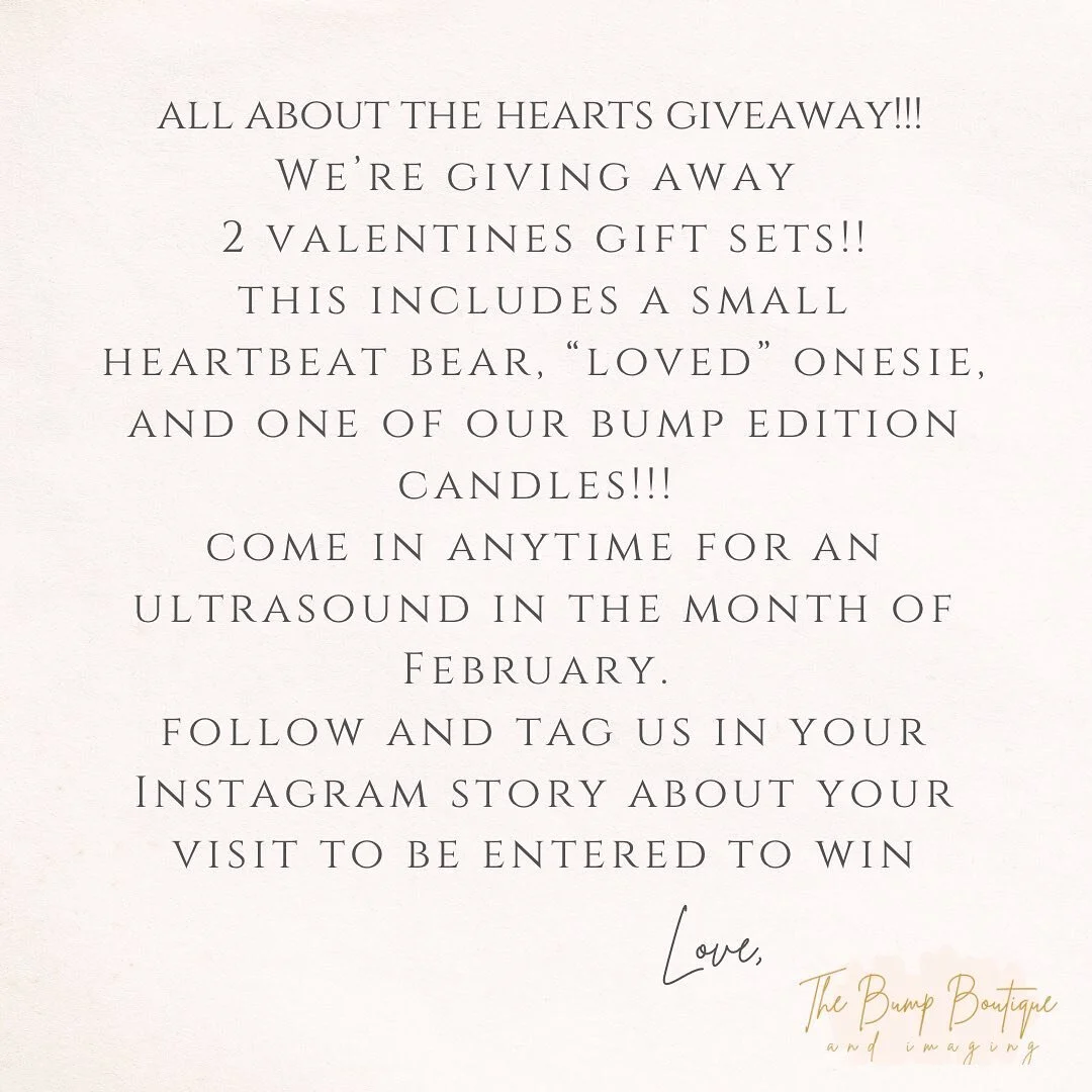 🤍All About the Hearts Giveaway🤍
.
.
Come in for any appointment in the month of February, follow us and tag us in your story to be entered to win one of our 2 gift sets!!!
.
.
Set includes: small heartbeat bear, &ldquo;loved&rdquo; onesie and our b