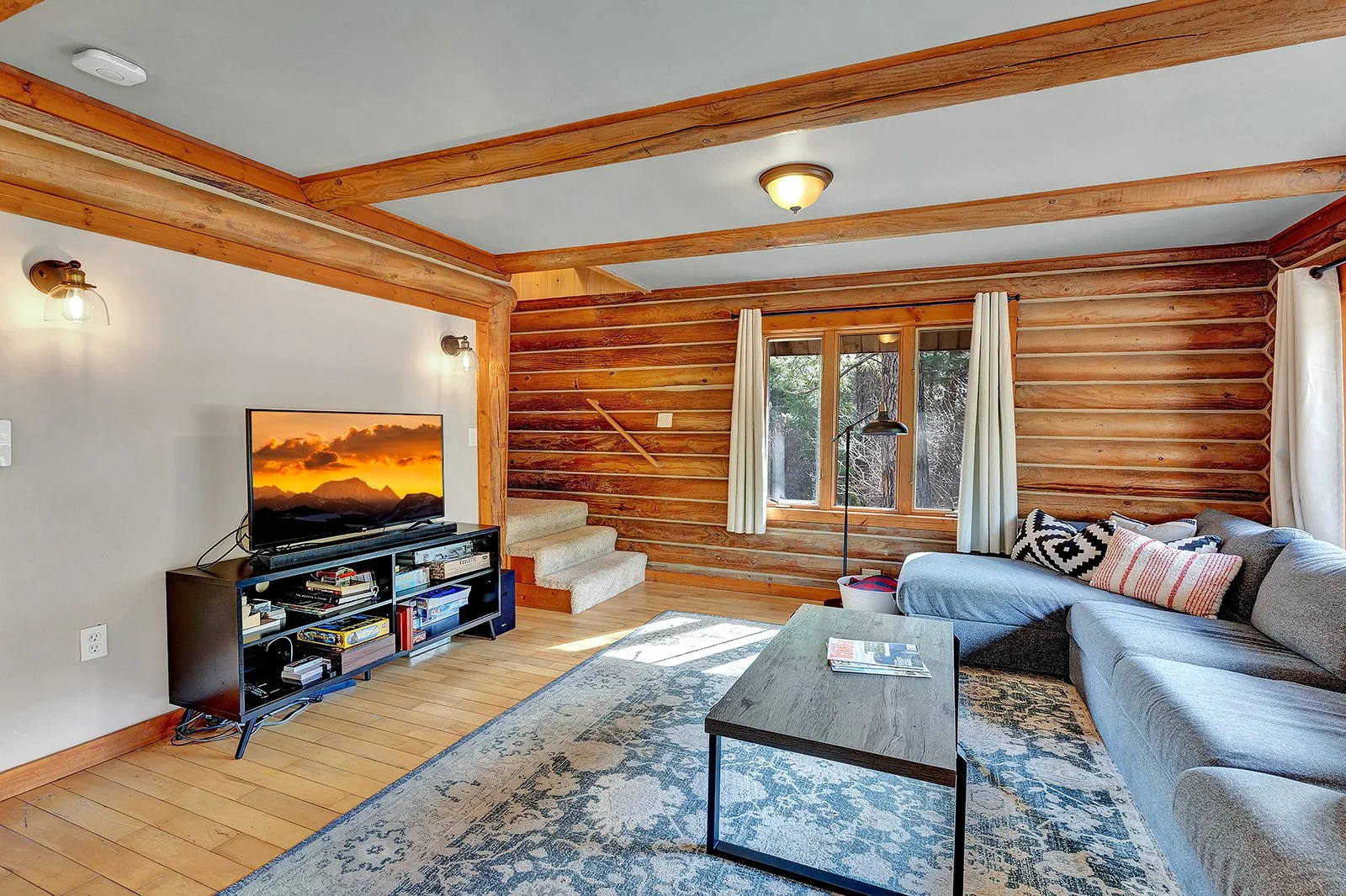 Furnished living area at Pine Vista Leavenworth WA showing fully equipped turnkey short term rental cabin interior with log walls and mountain lodge ambiance