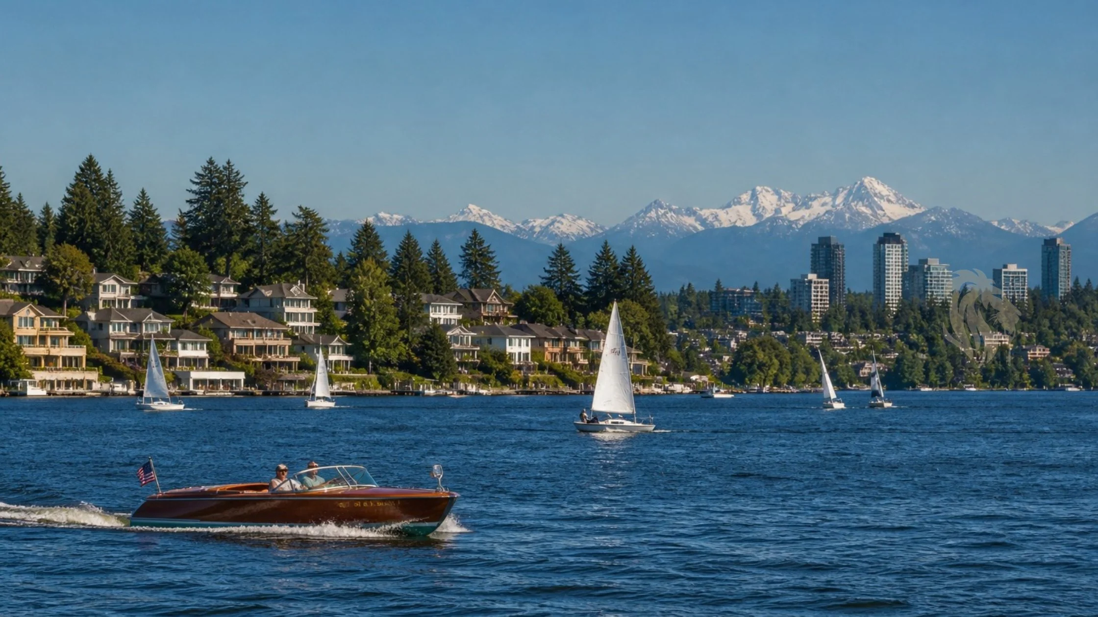 Eastside waterfront homes on Lake Washington — Bellevue and Kirkland luxury waterfront real estate viewed from the water, 2026