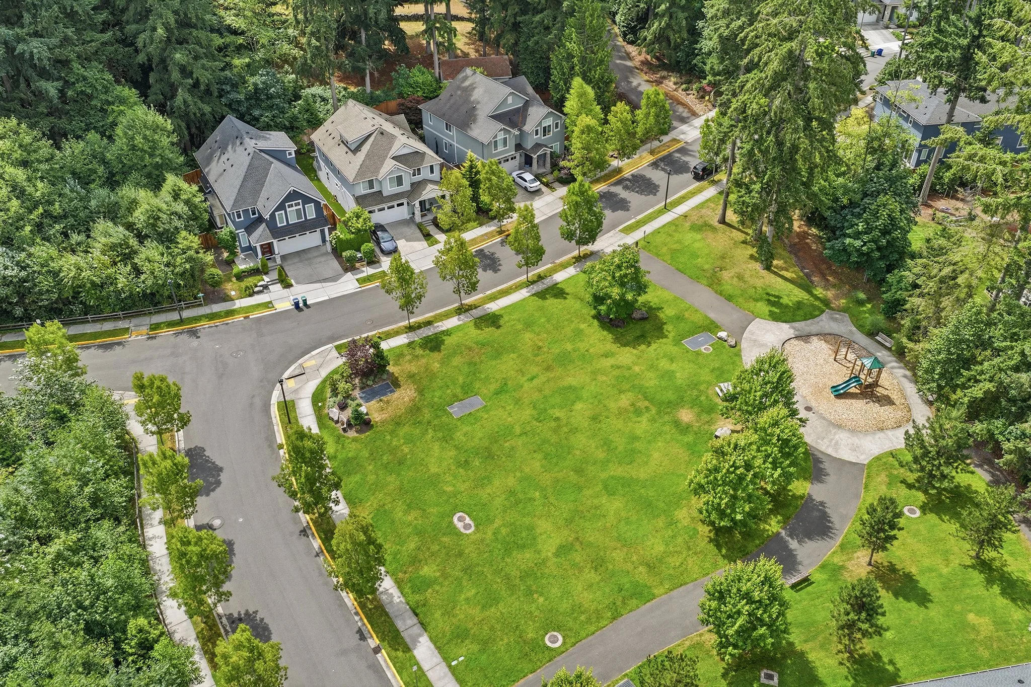 Aerial street view of Hawthorne Park neighborhood homes, English Hill Education Hill Redmond WA